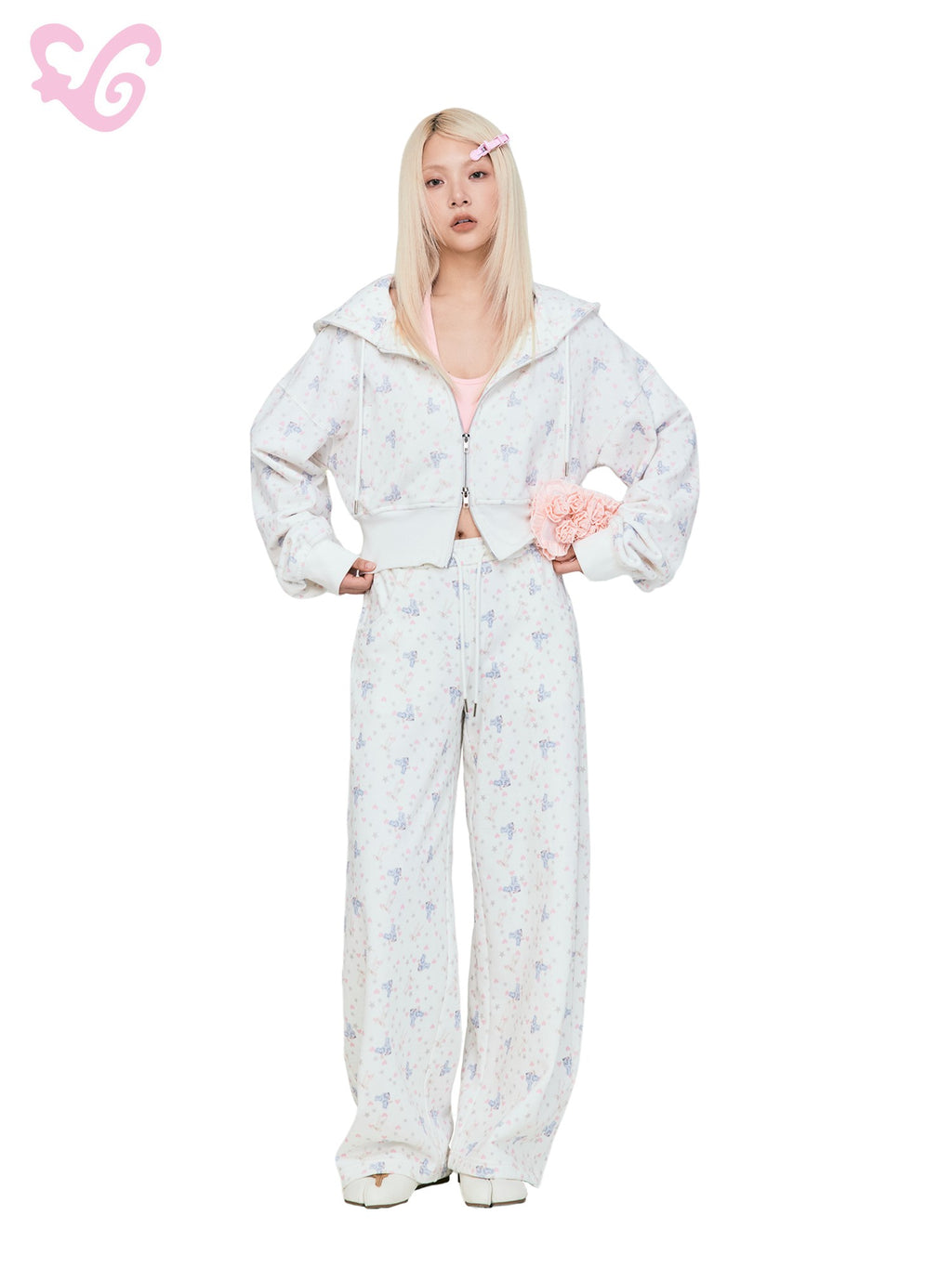 MOF Bow Polka Dot Zip Hooded Cropped Cotton Women's Tracksuit Sets