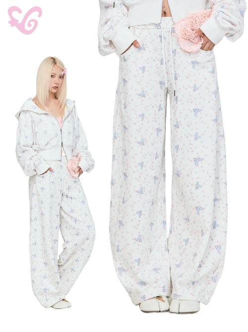 MOF Bow Print Polka Dot Hooded Wide Leg Cotton Women's Tracksuit Sets