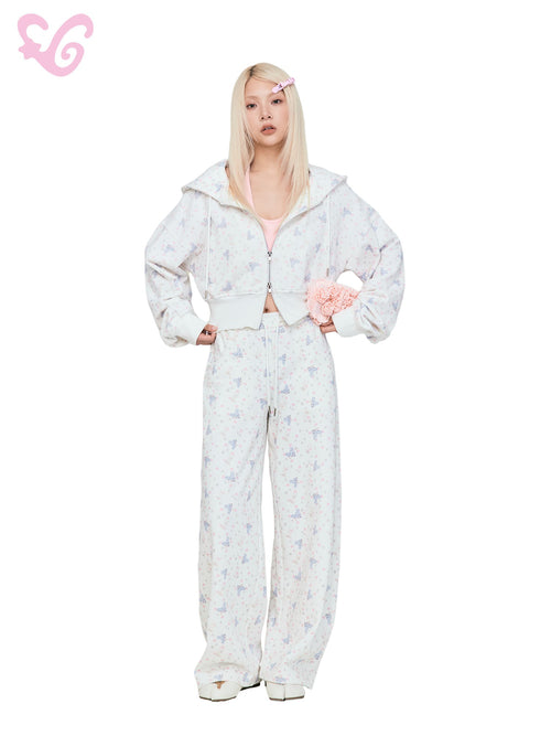 MOF Bow Print Polka Dot Hooded Wide Leg Cotton Women's Tracksuit Sets