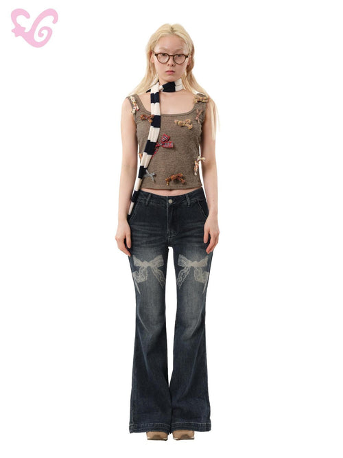 MOF Brown Bow Print Single Button Loose Women's Polyester Tank Tops
