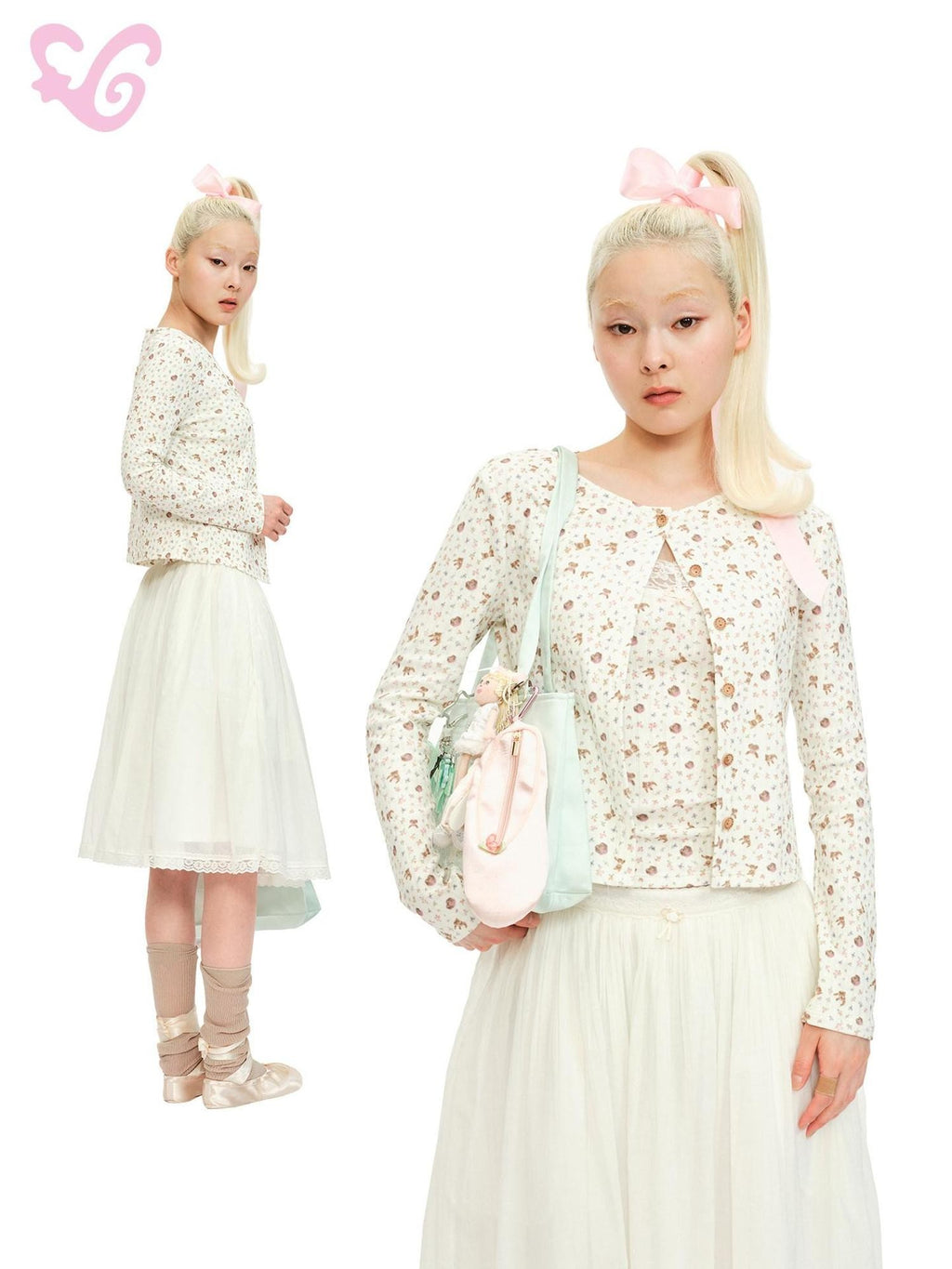 MOF Cute Bear Floral Ribbed Cropped Round Neck Long Sleeve Women's Cotton Cardigans