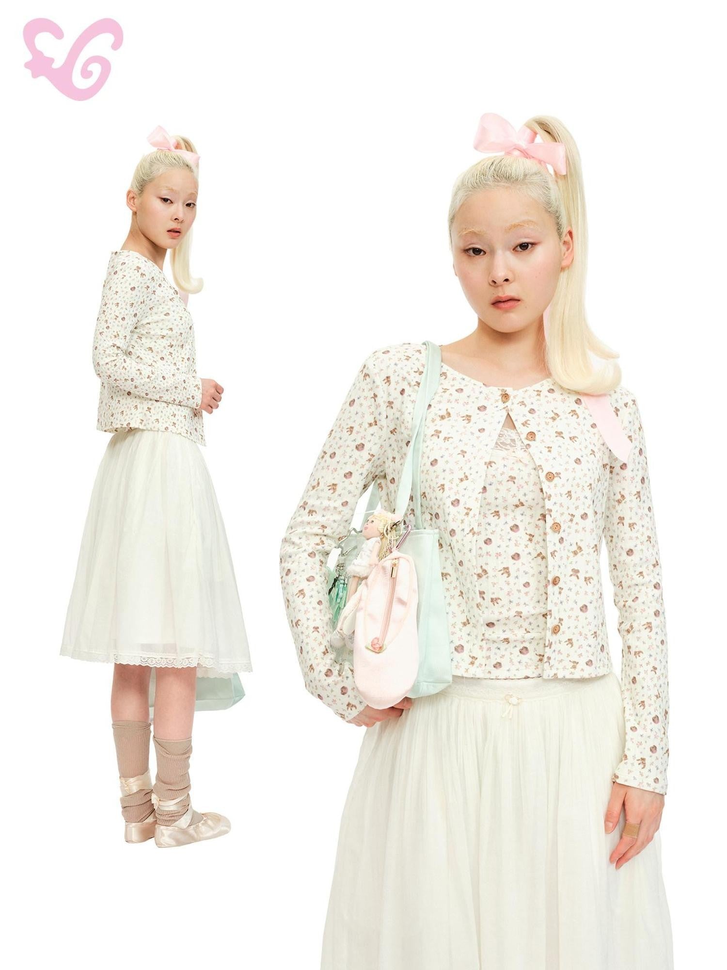 MOF Cute Bear Floral Ribbed Cropped Round Neck Long Sleeve Women's Cotton Cardigans
