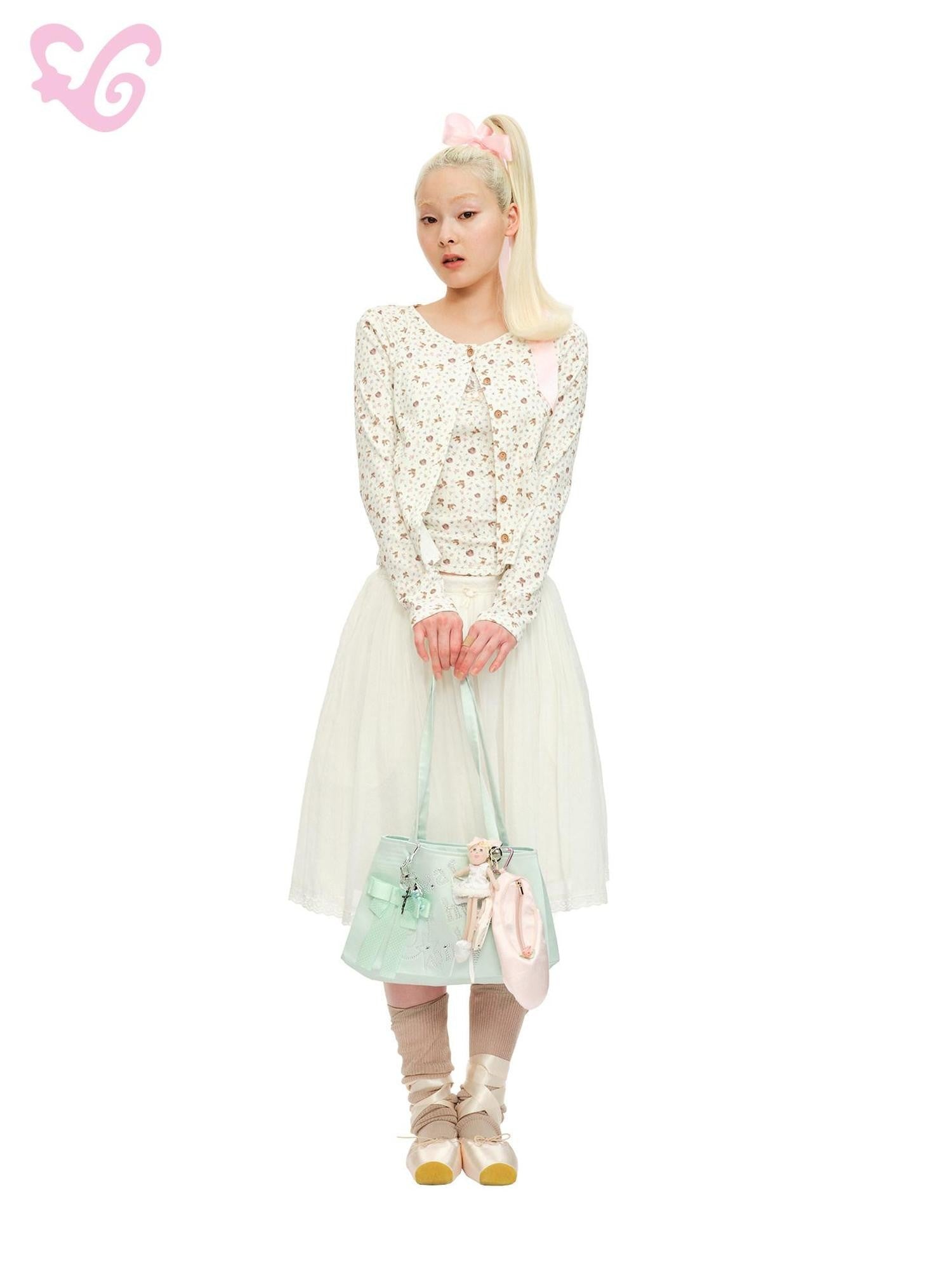 MOF Cute Bear Floral Ribbed Cropped Round Neck Long Sleeve Women's Cotton Cardigans