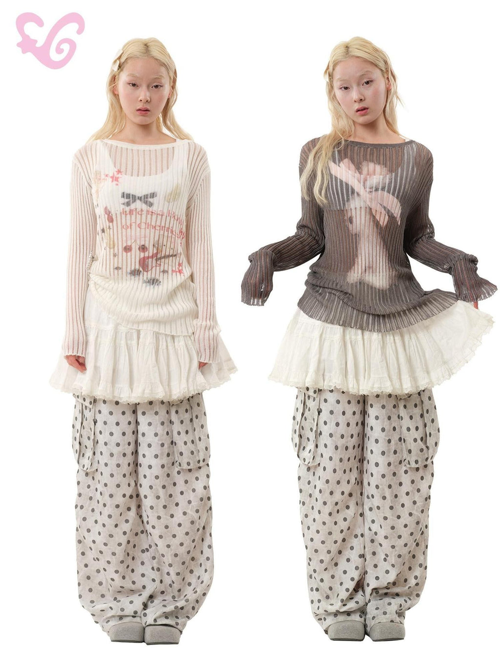 MOF Cute Bow Print Ribbed Women's Lightweight Knit Long Sleeve T-shirts