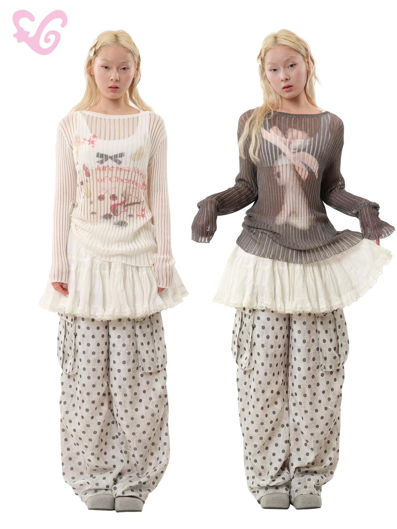 MOF Cute Bow Print Ribbed Women's Lightweight Knit Long Sleeve T-shirts
