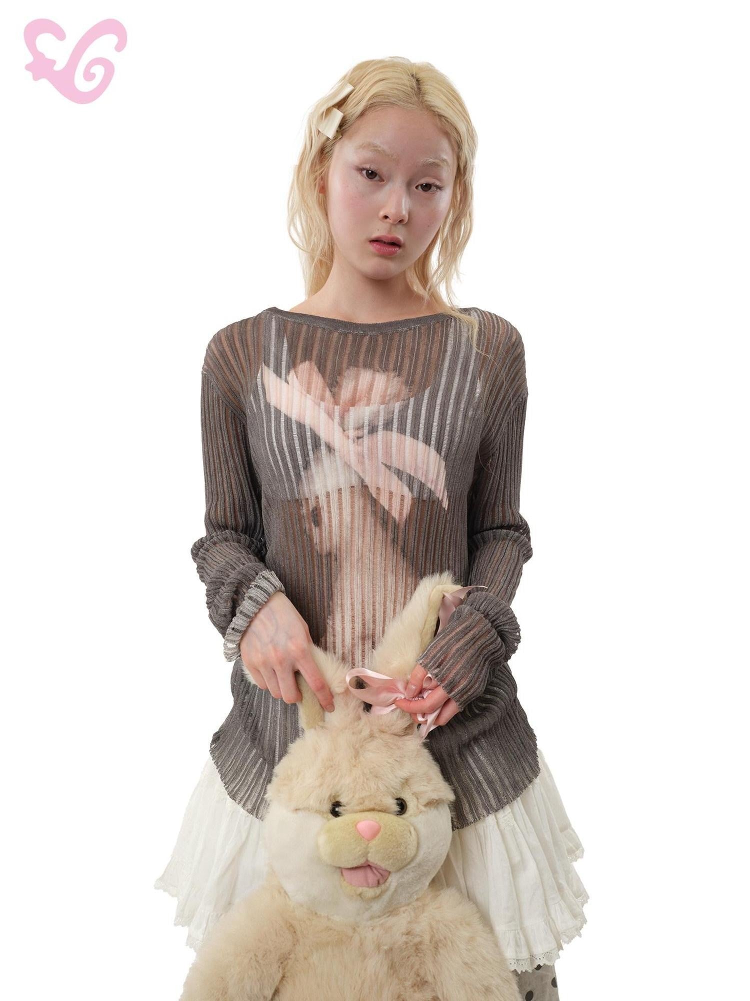 MOF Cute Bow Print Ribbed Women's Lightweight Knit Long Sleeve T-shirts