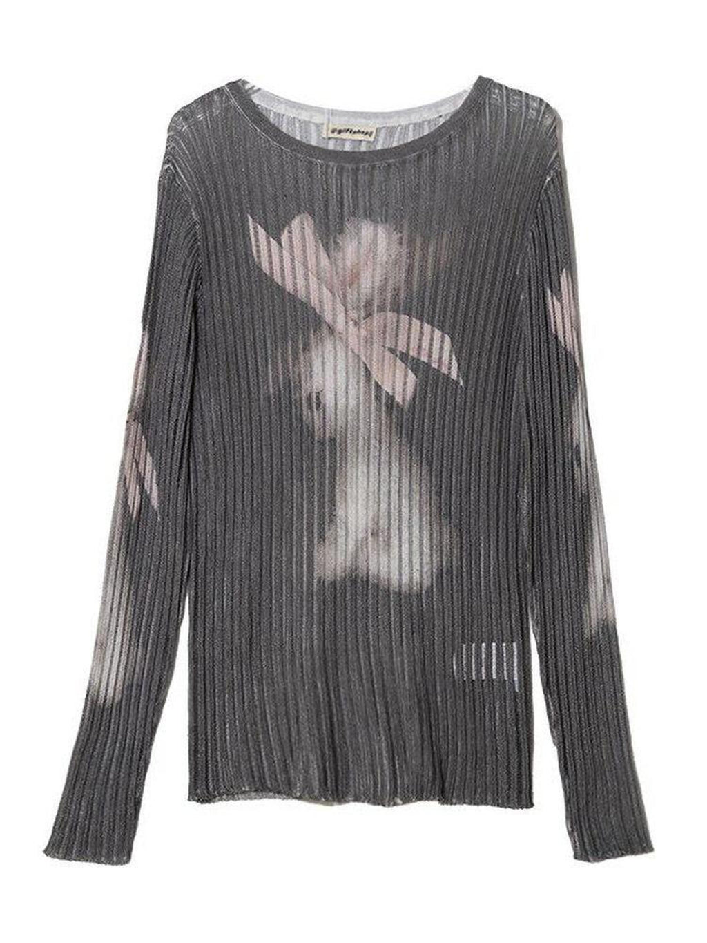 MOF Cute Bow Print Ribbed Women's Lightweight Knit Long Sleeve T-shirts