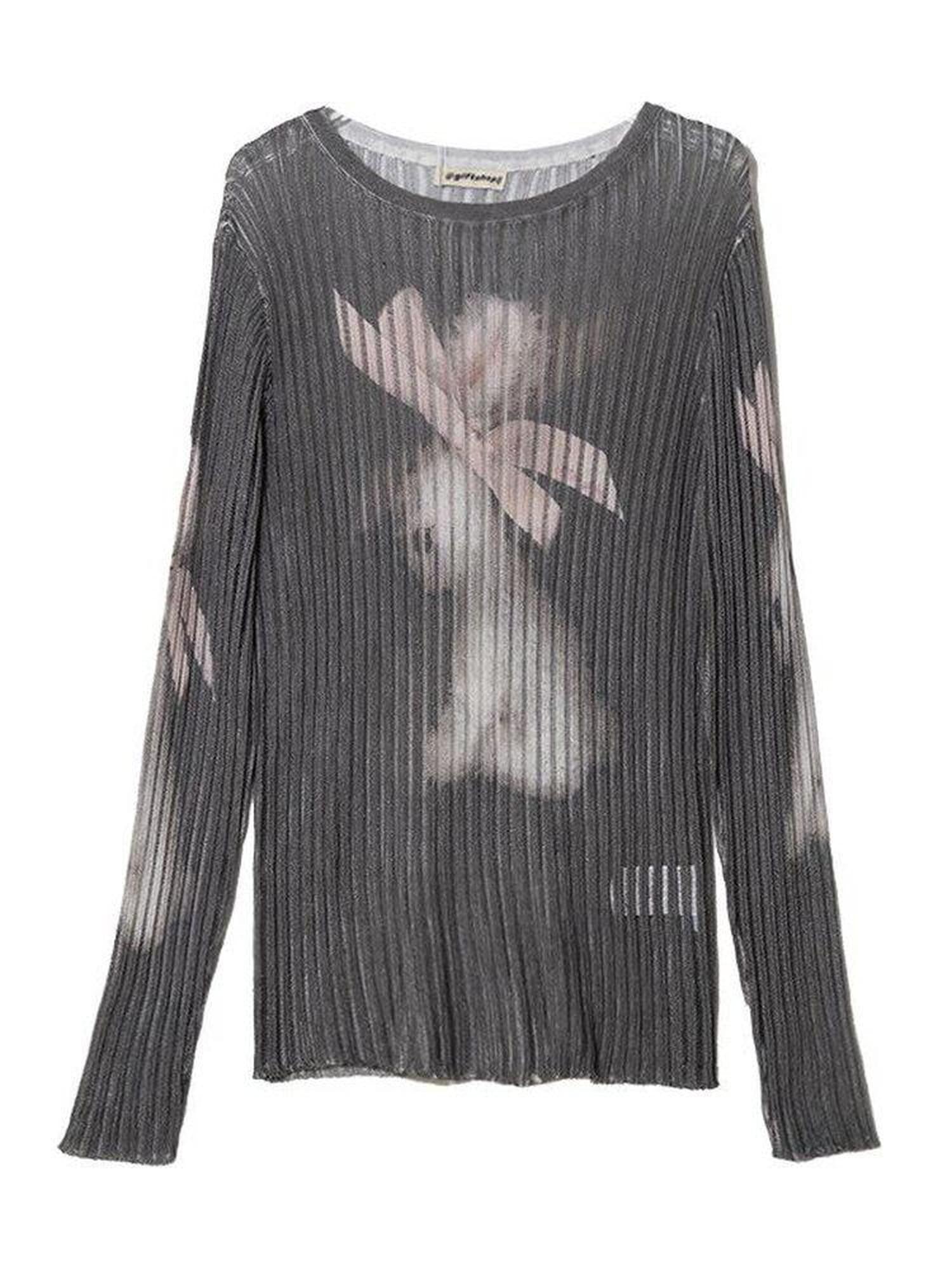MOF Cute Bow Print Ribbed Women's Lightweight Knit Long Sleeve T-shirts