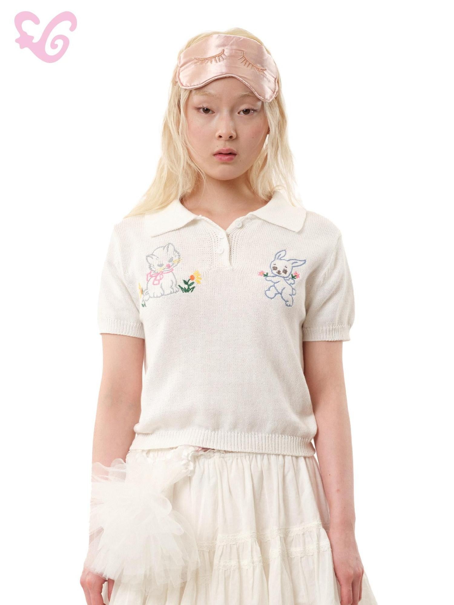 MOF Cute Cat And Rabbit Embroidered Knit Polo Women's Cotton Short Sleeve T-shirts