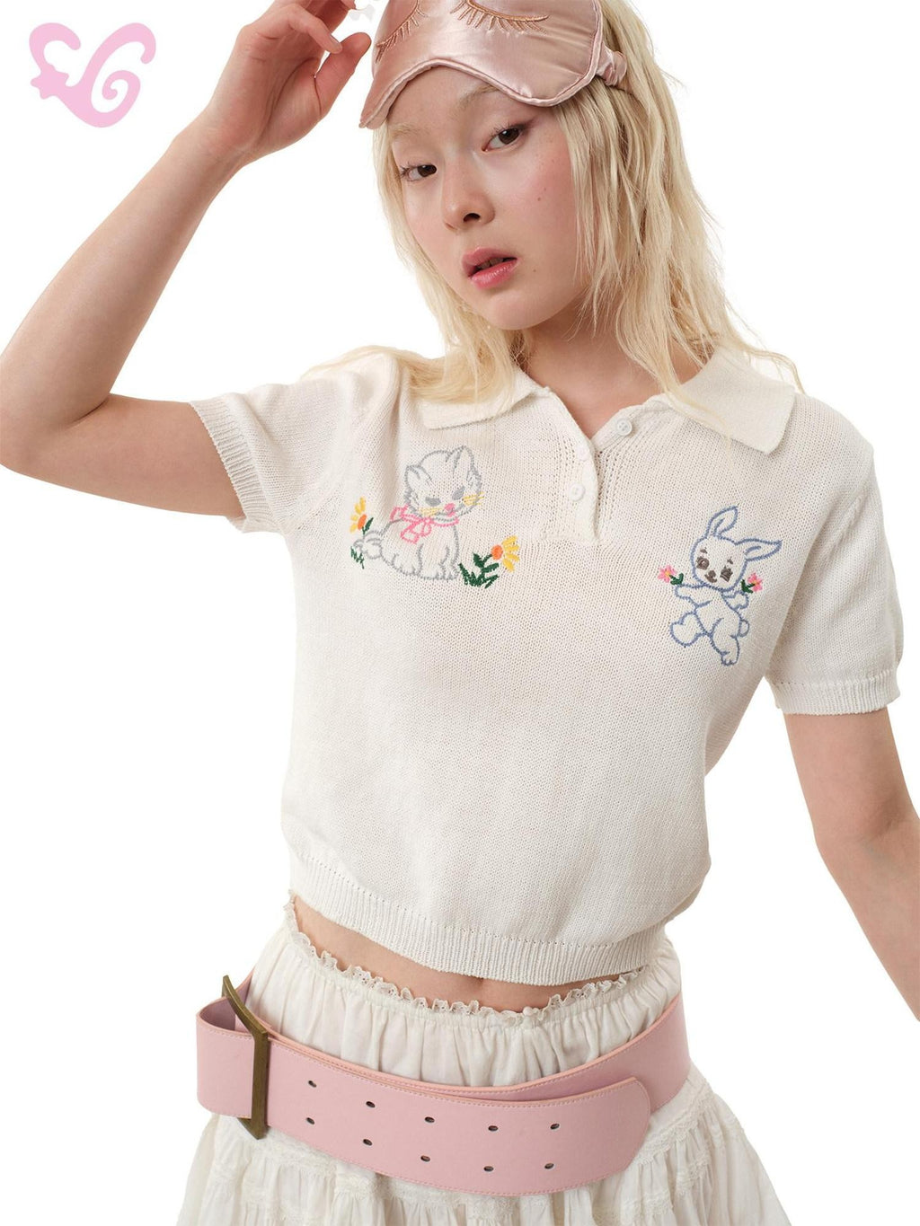 MOF Cute Cat And Rabbit Embroidered Knit Polo Women's Cotton Short Sleeve T-shirts