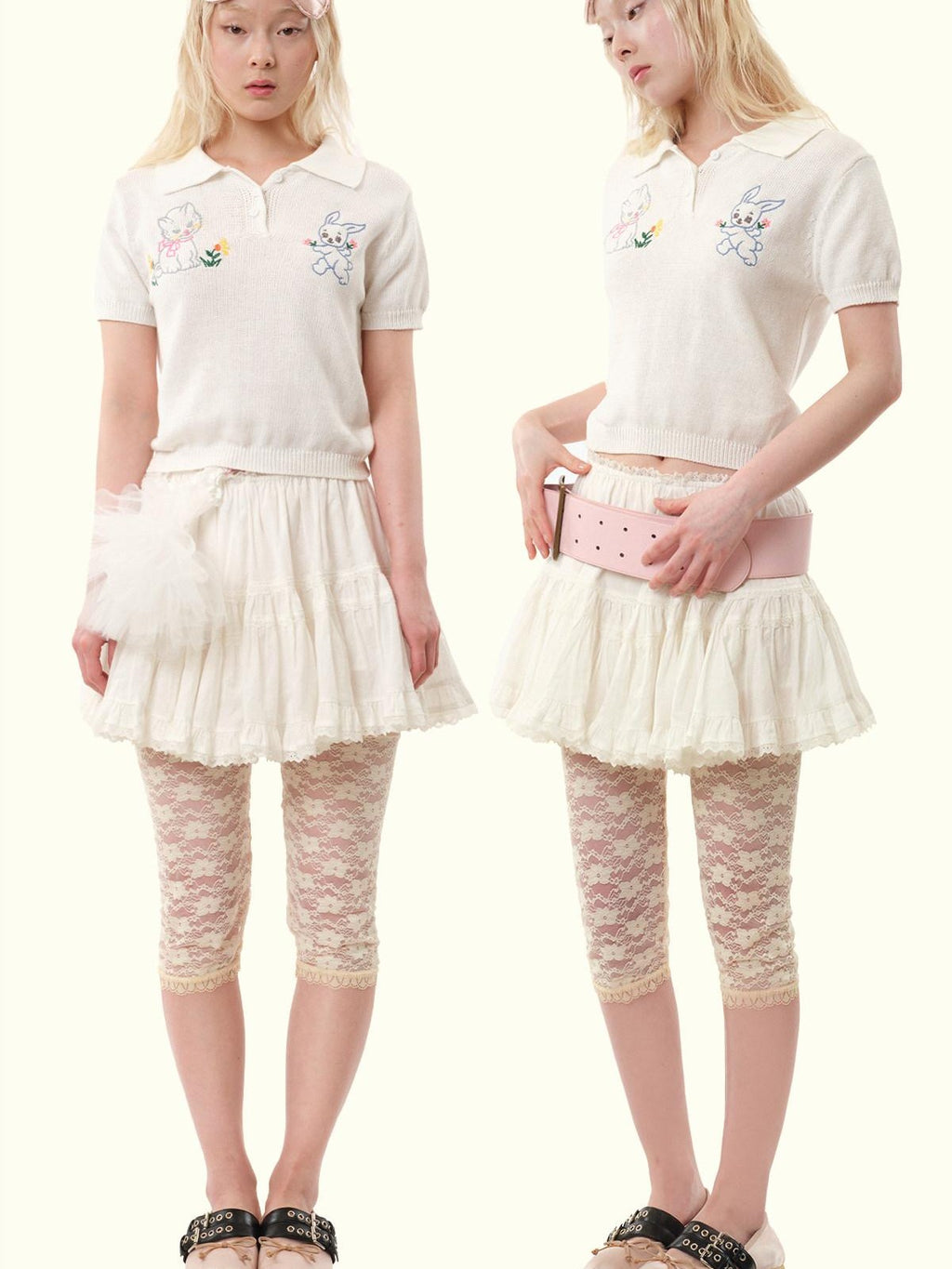 MOF Cute Cat And Rabbit Embroidered Knit Polo Women's Cotton Short Sleeve T-shirts