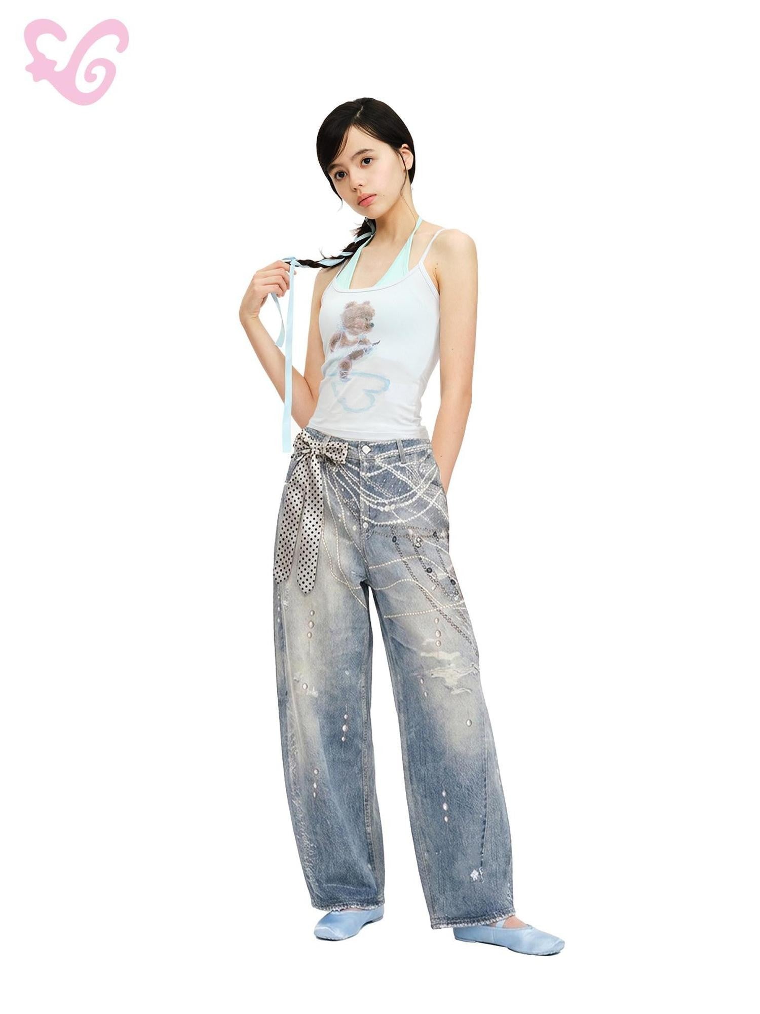 MOF Distressed 3d Pearl Chain Print Striped Loose Women's Barrel-leg Jeans