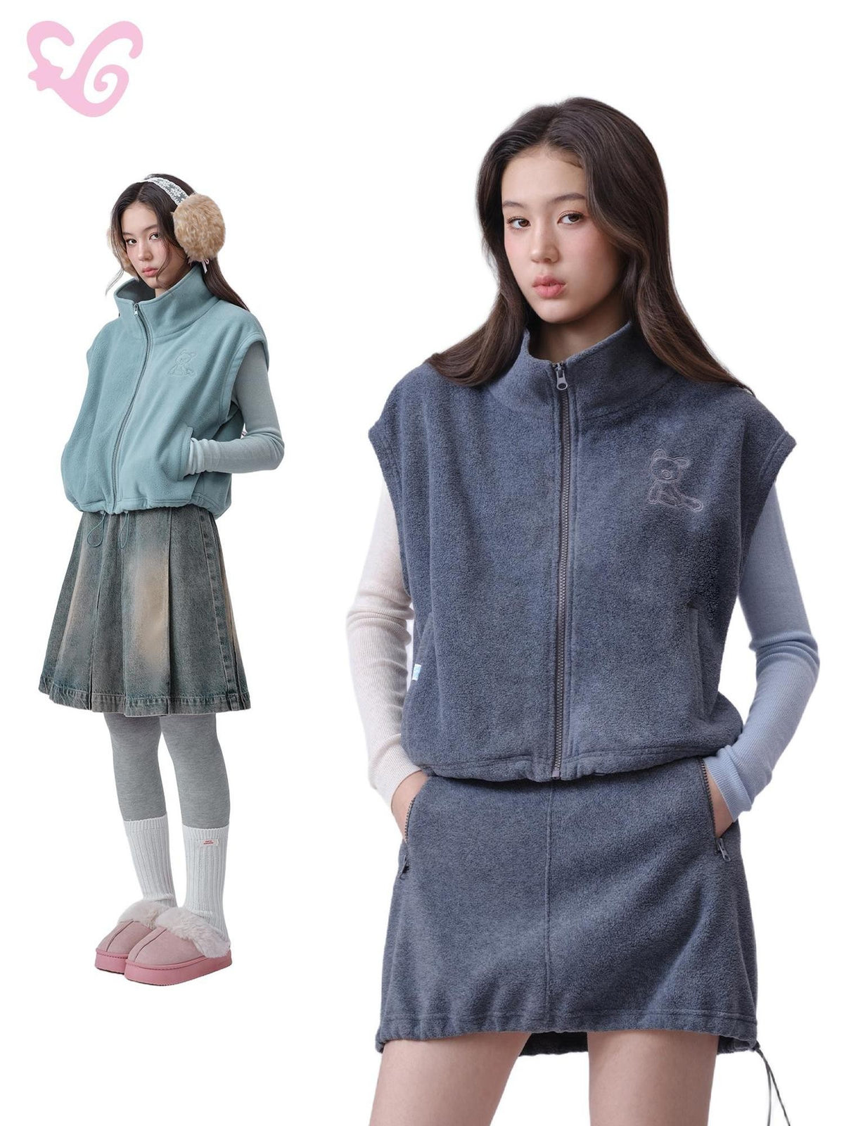 MOF Embroidered Bear Fleece Zip Up Loose Women's Polyester Vests