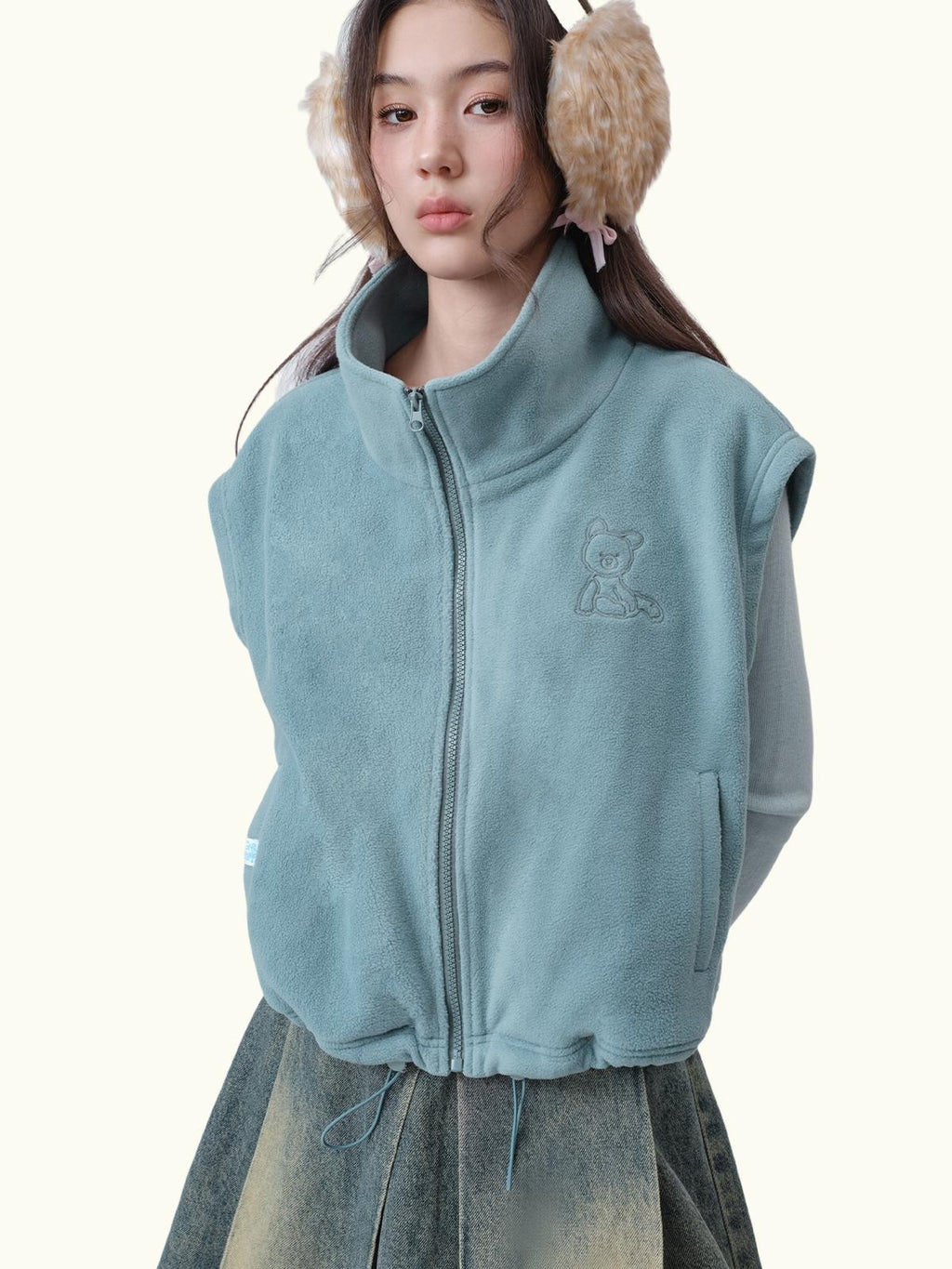 MOF Embroidered Bear Fleece Zip Up Loose Women's Polyester Vests