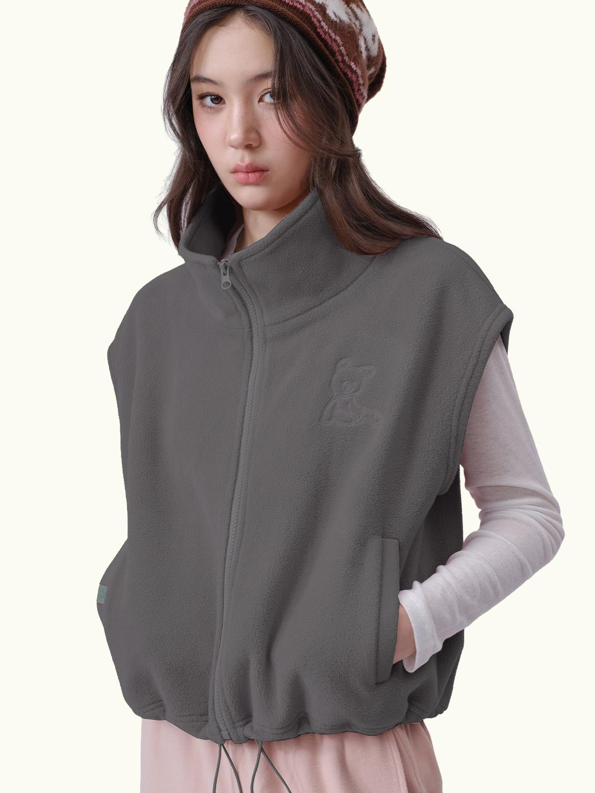 MOF Embroidered Bear Fleece Zip Up Loose Women's Polyester Vests