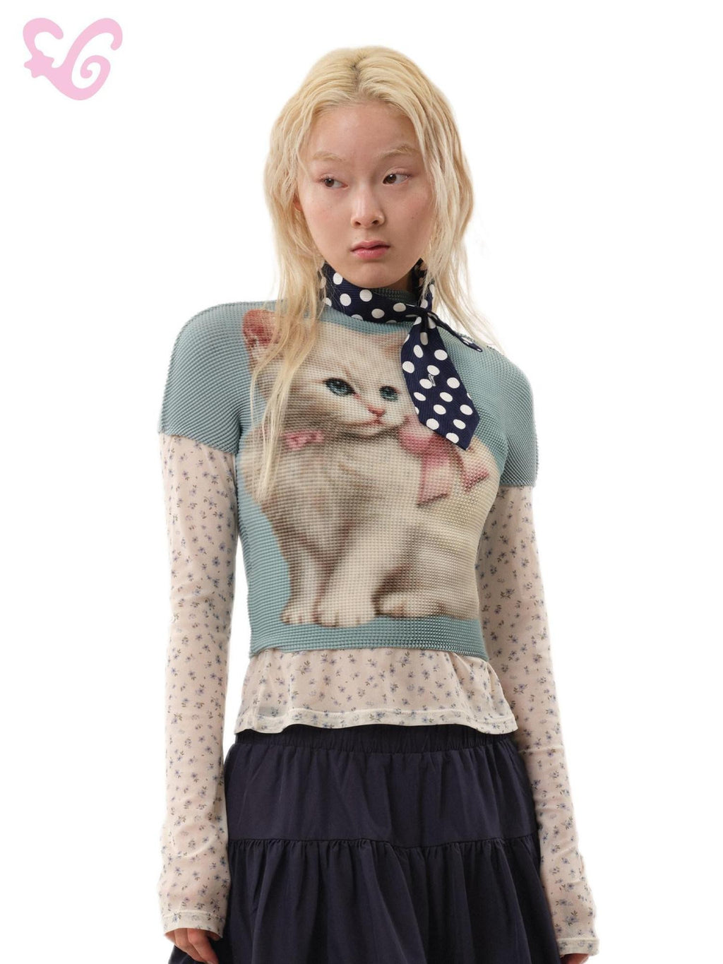 MOF Gray Blue Pleated Small White Cat Print Women's Polyester Slim T-shirts