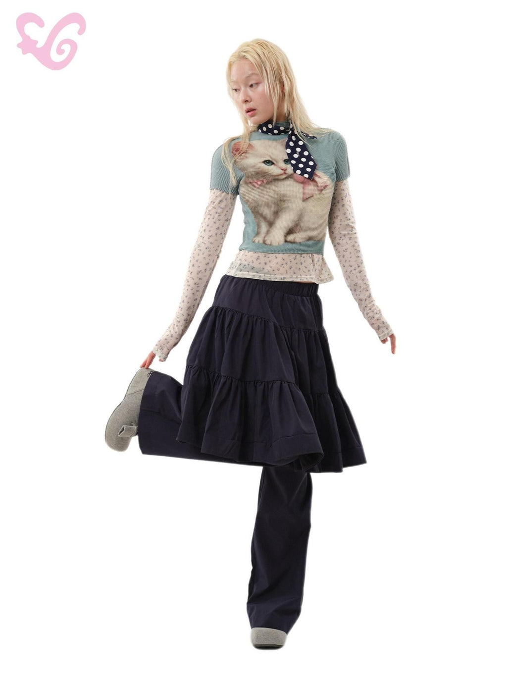 MOF Gray Blue Pleated Small White Cat Print Women's Polyester Slim T-shirts
