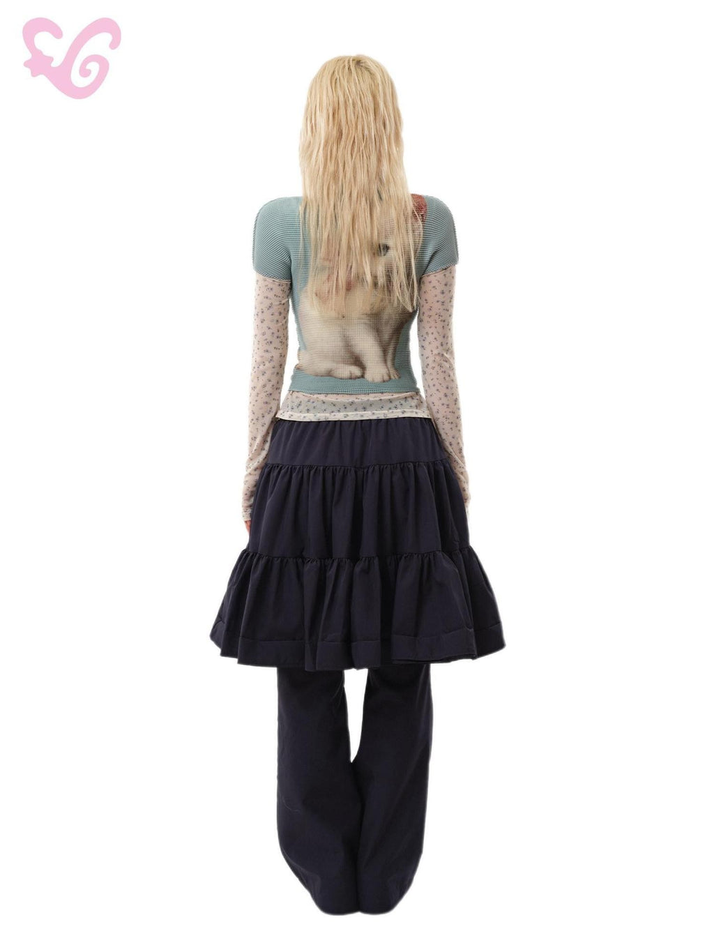 MOF Gray Blue Pleated Small White Cat Print Women's Polyester Slim T-shirts