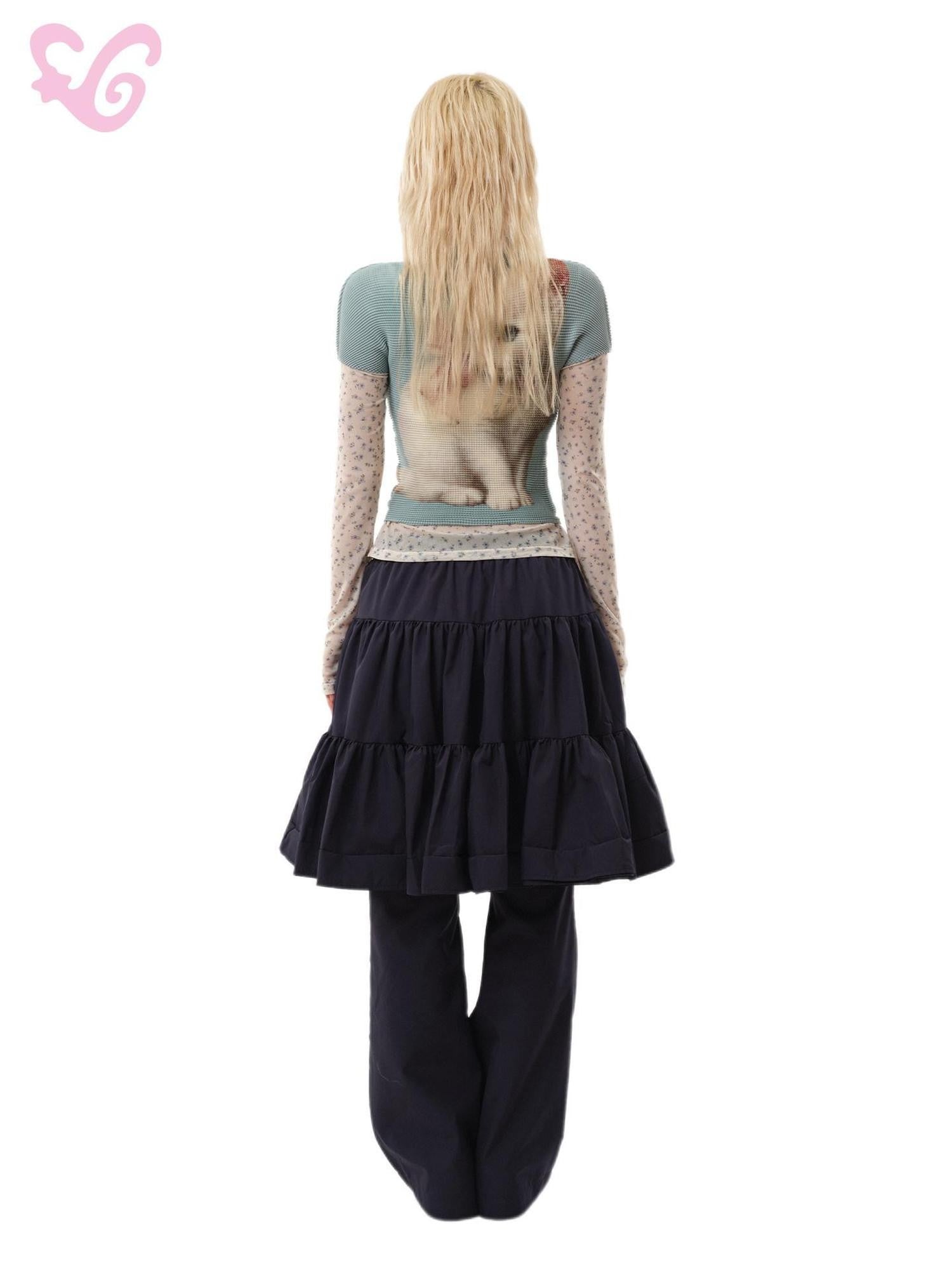MOF Gray Blue Pleated Small White Cat Print Women's Polyester Slim T-shirts