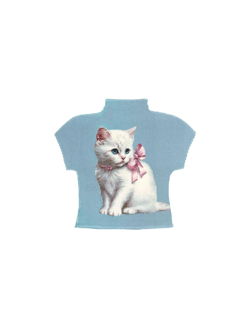 MOF Gray Blue Pleated Small White Cat Print Women's Polyester Slim T-shirts