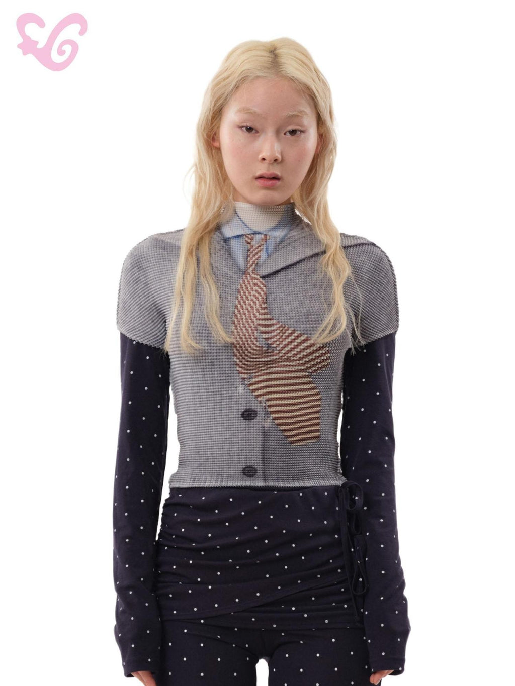 MOF Gray Optical Pleated Printed Shirt Collar Tie Women's Polyester Crop Tops