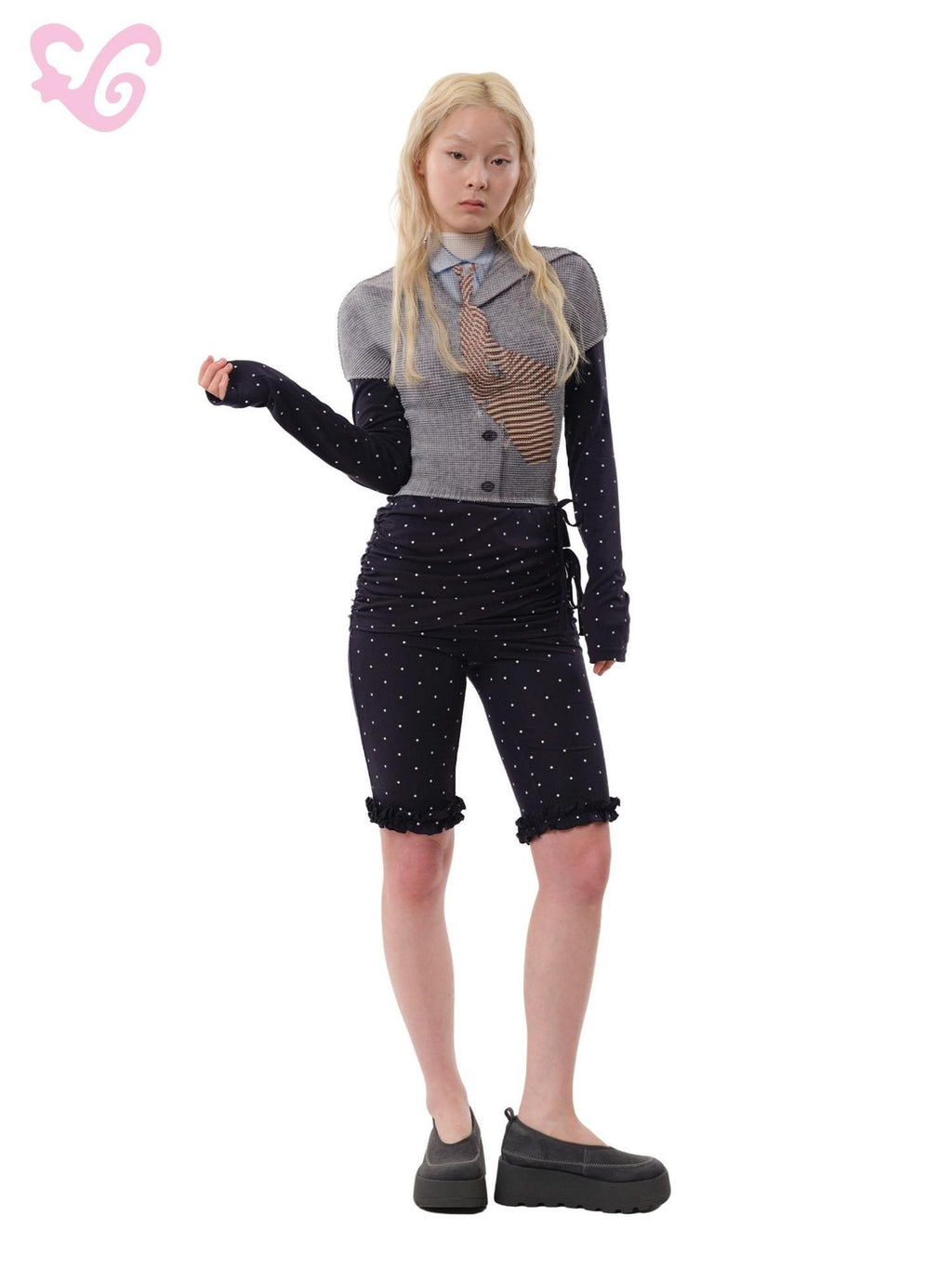MOF Gray Optical Pleated Printed Shirt Collar Tie Women's Polyester Crop Tops