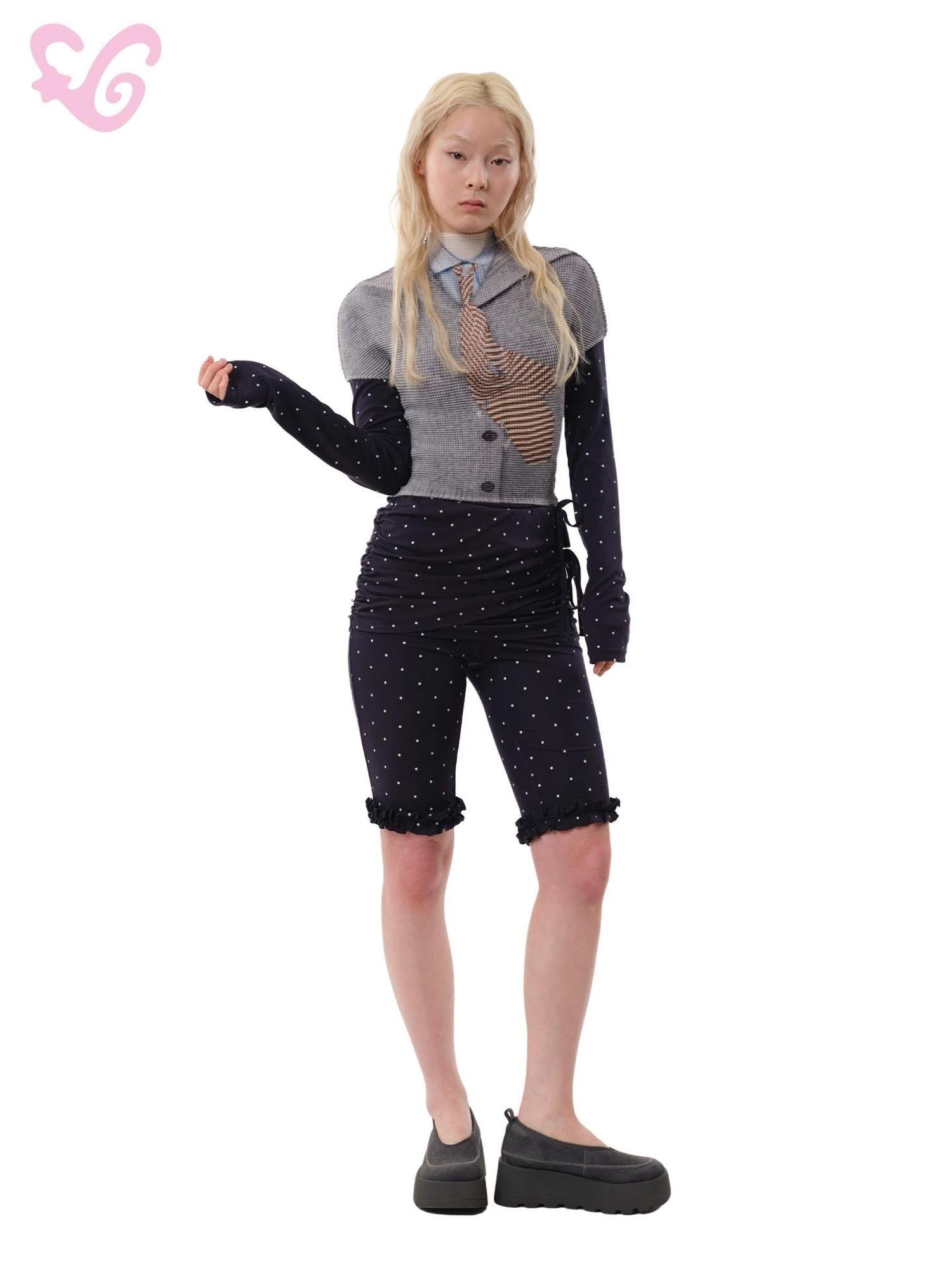 MOF Gray Optical Pleated Printed Shirt Collar Tie Women's Polyester Crop Tops