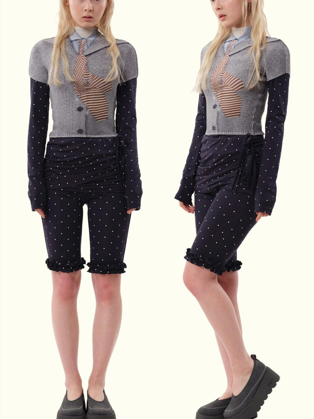 MOF Gray Optical Pleated Printed Shirt Collar Tie Women's Polyester Crop Tops