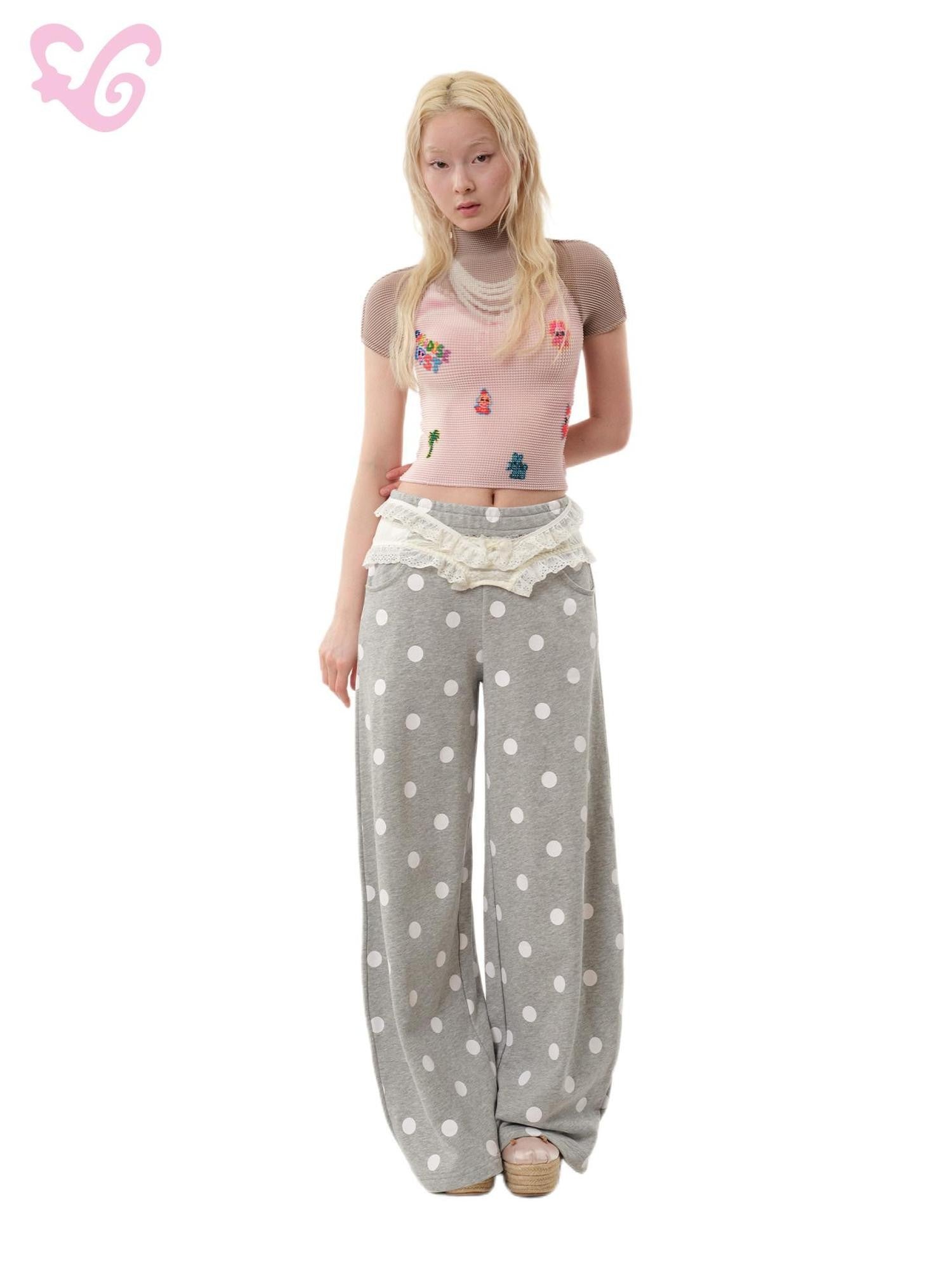 MOF Gray Polka Dot Asymmetric Elastic Waist Straight Leg Women's Cotton Sweatpants