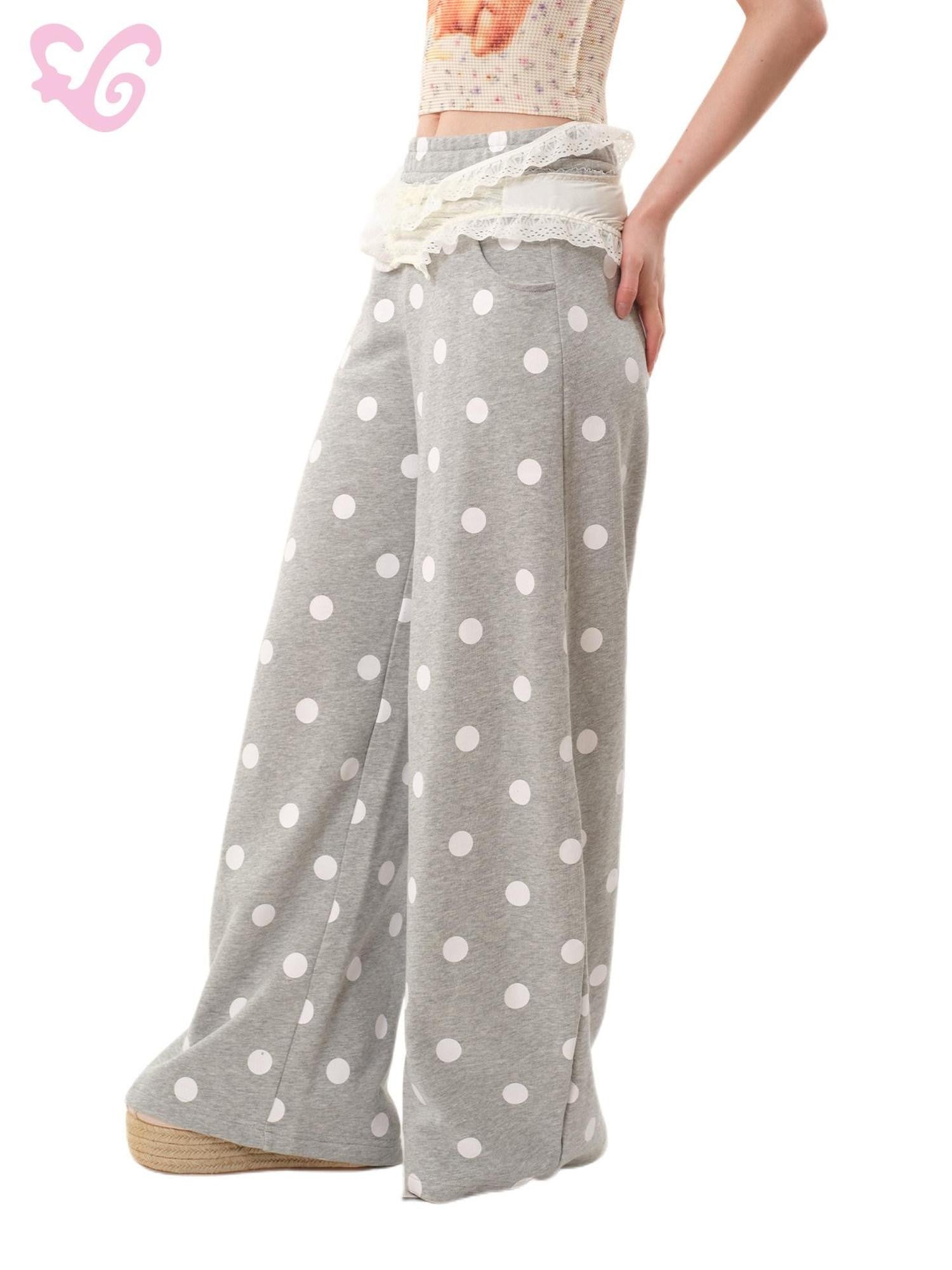 MOF Gray Polka Dot Asymmetric Elastic Waist Straight Leg Women's Cotton Sweatpants