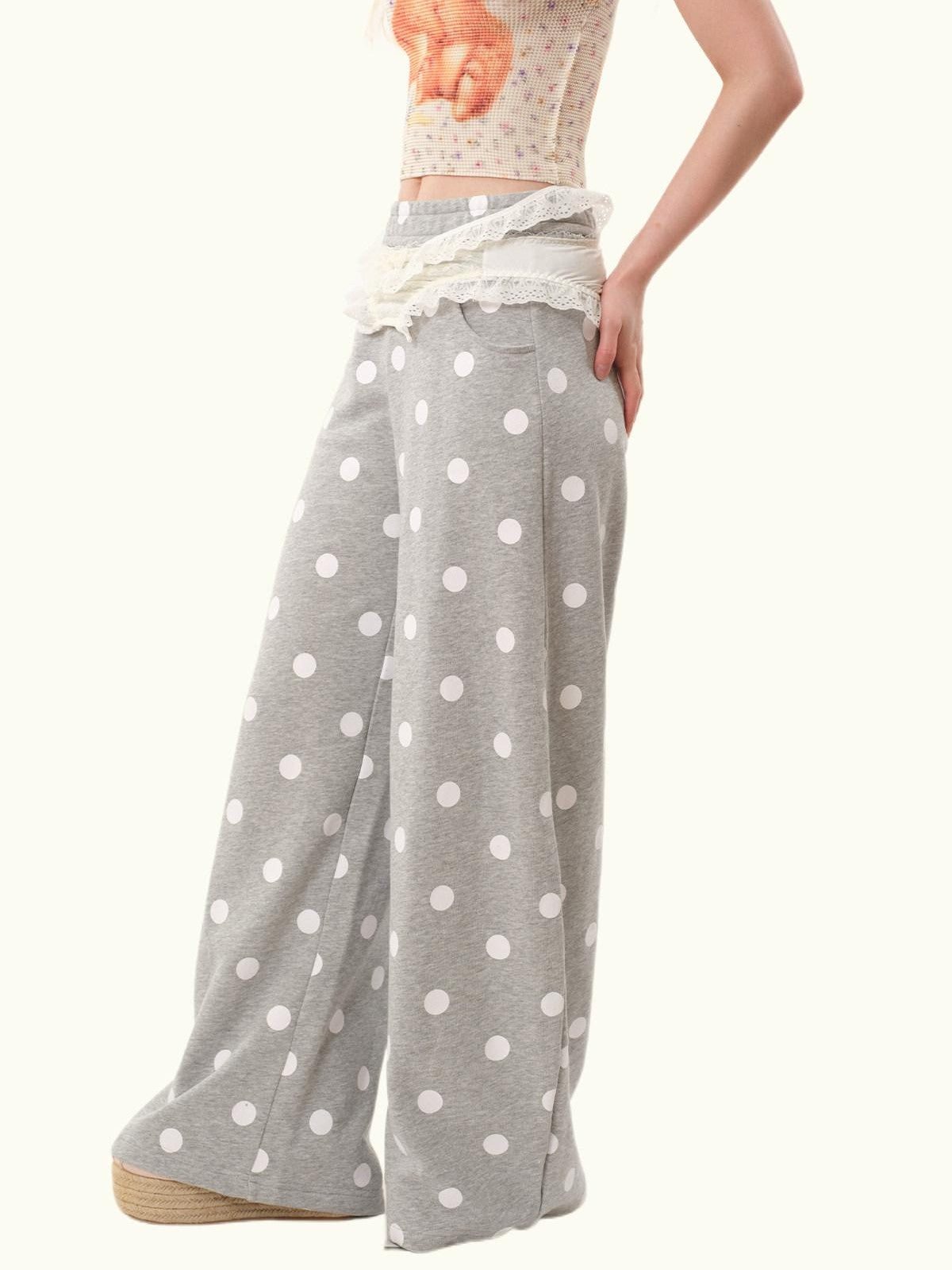 MOF Gray Polka Dot Asymmetric Elastic Waist Straight Leg Women's Cotton Sweatpants