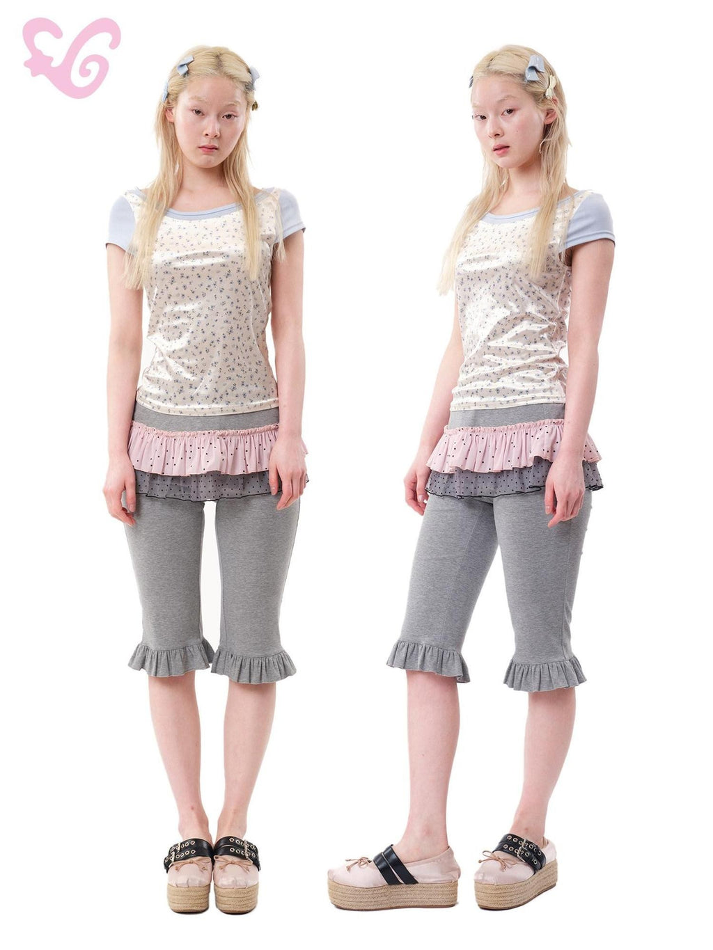 MOF Gray Polka Dot Ruffle Hem Skirt Overlay Vintage Women's Spandex Bermuda Shorts