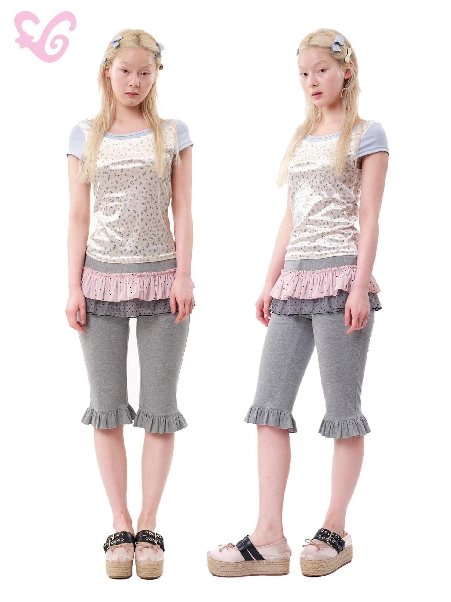 MOF Gray Polka Dot Ruffle Hem Skirt Overlay Vintage Women's Spandex Bermuda Shorts