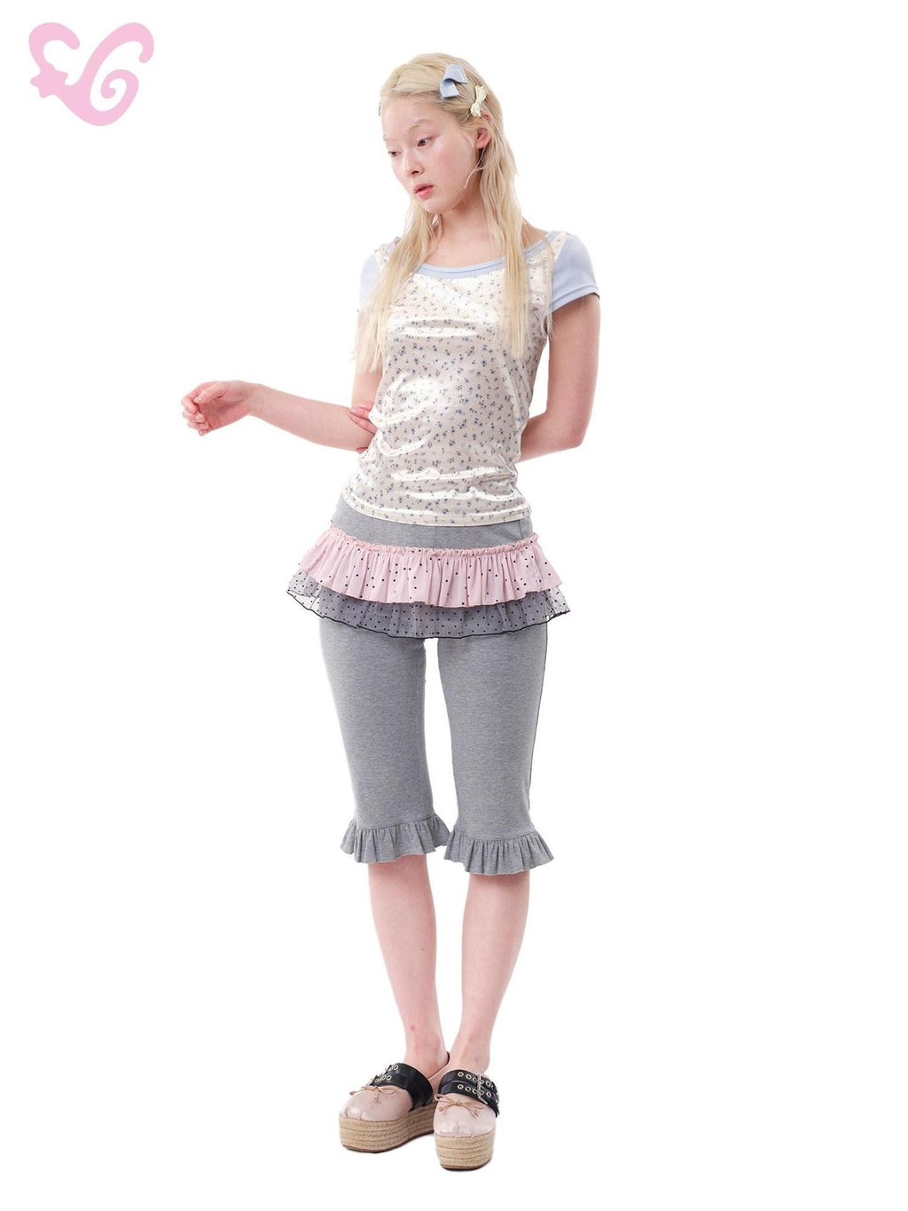 MOF Gray Polka Dot Ruffle Hem Skirt Overlay Vintage Women's Spandex Bermuda Shorts