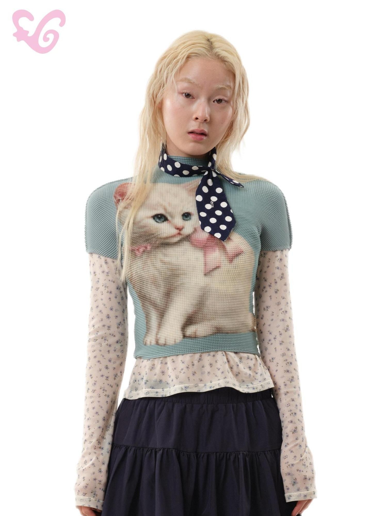 MOF Grey Blue Pleated Print Pink Bow White Cat Women's Short Sleeve T-shirts
