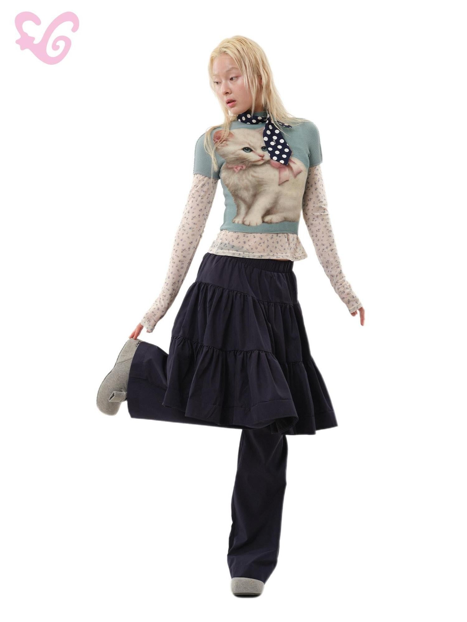 MOF Grey Blue Pleated Print Pink Bow White Cat Women's Short Sleeve T-shirts