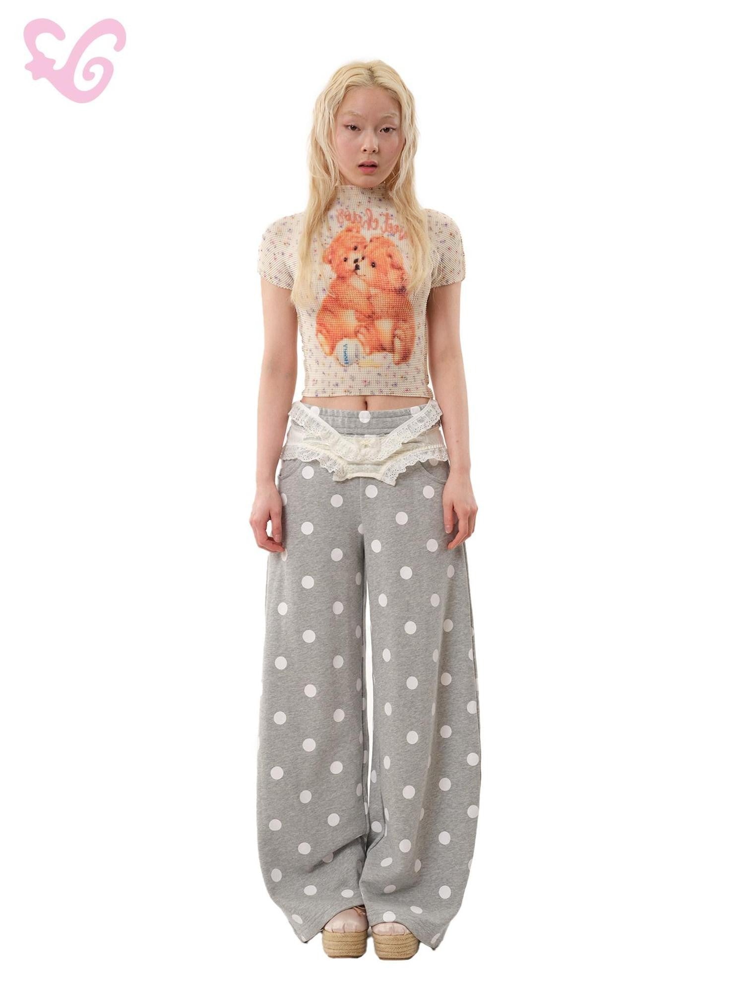 MOF Hugging Bear Doodle Ruching Mock Neck Women's Polyester Crop Tops