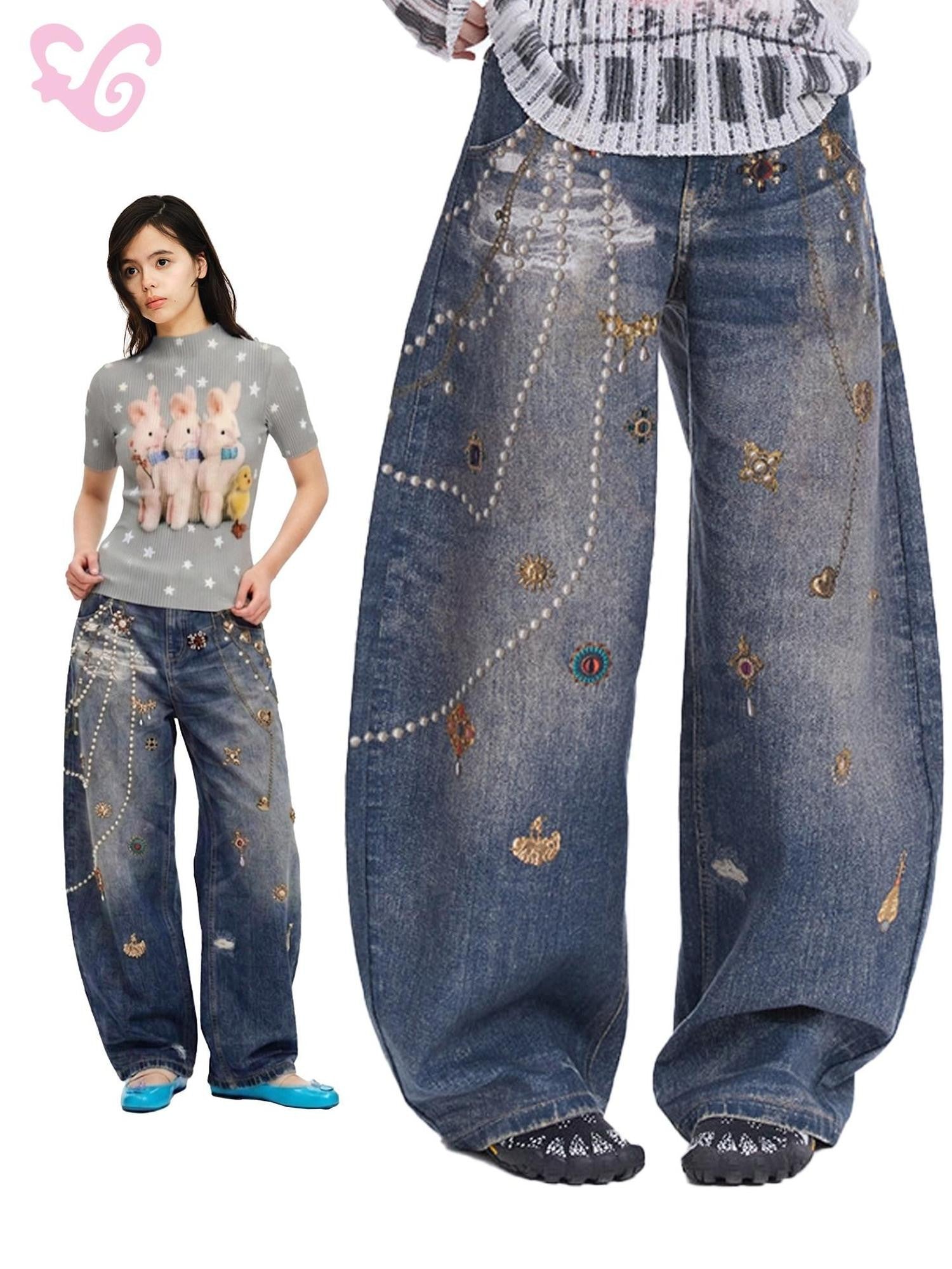MOF Jeweled Pin 3d Heart Print Ripped Vintage Women's Denim Barrel-leg Jeans