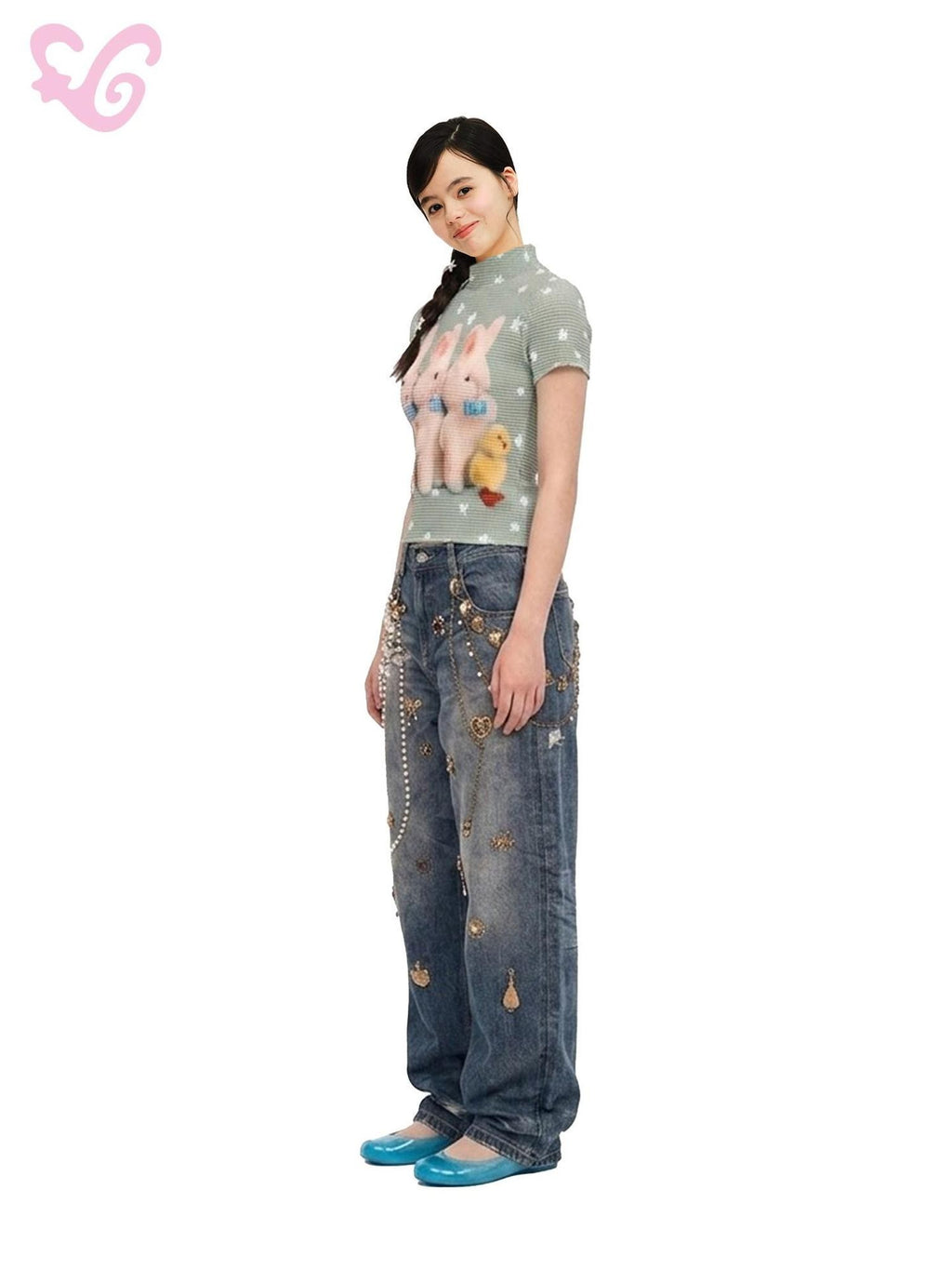 MOF Jeweled Pin 3d Heart Print Ripped Vintage Women's Denim Barrel-leg Jeans