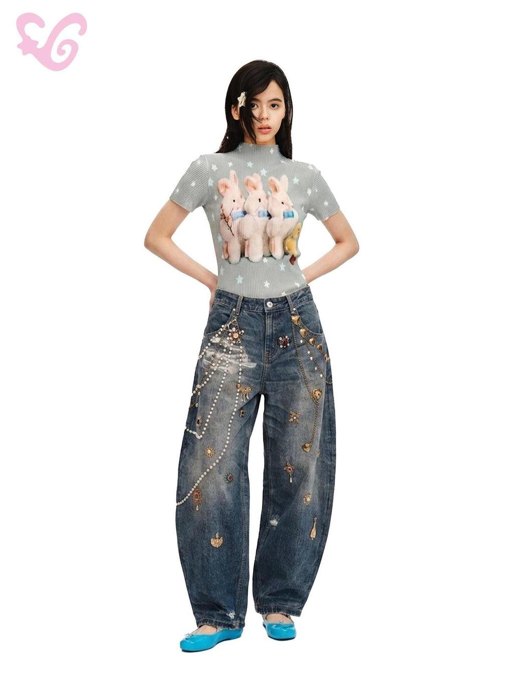 MOF Jeweled Pin 3d Heart Print Ripped Vintage Women's Denim Barrel-leg Jeans