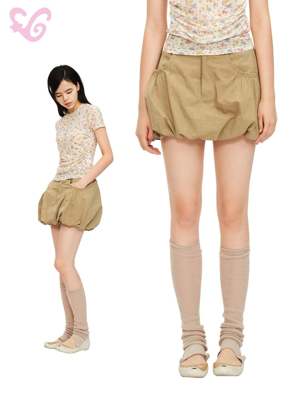 MOF Khaki Gathered Pleated Pocket A Line Mid Waist Women's Cotton Blend Skorts