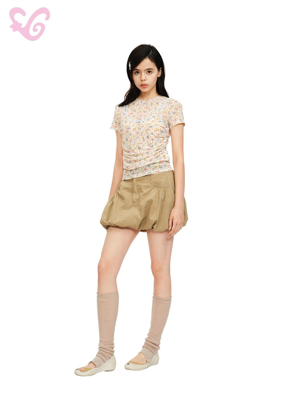 MOF Khaki Gathered Pleated Pocket A Line Mid Waist Women's Cotton Blend Skorts
