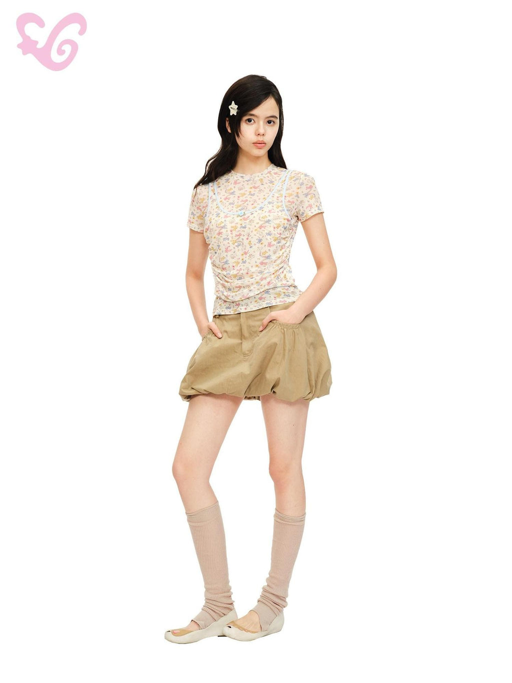 MOF Khaki Gathered Pleated Pocket A Line Mid Waist Women's Cotton Blend Skorts