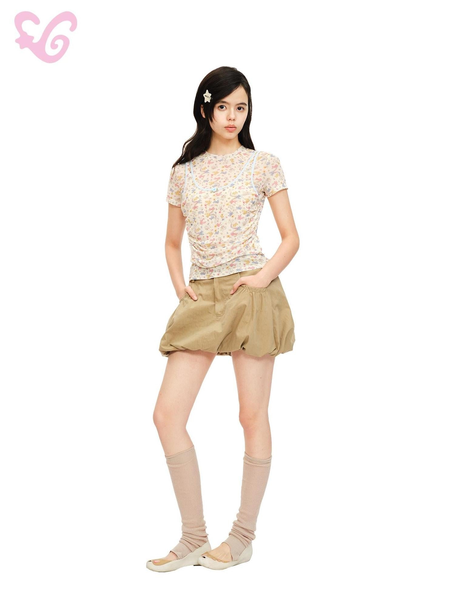 MOF Khaki Gathered Pleated Pocket A Line Mid Waist Women's Cotton Blend Skorts