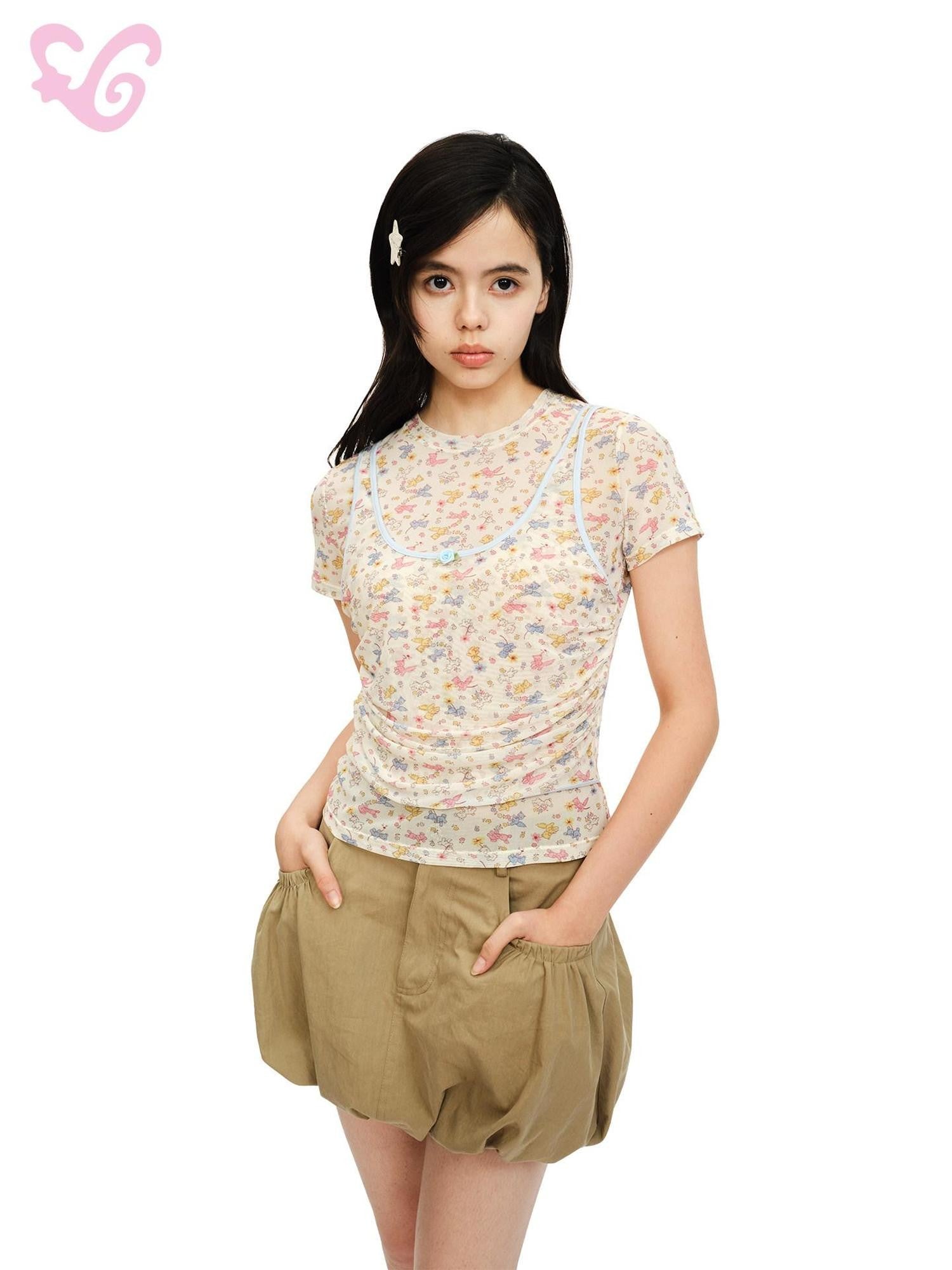 MOF Khaki Gathered Pleated Pocket A Line Mid Waist Women's Cotton Blend Skorts
