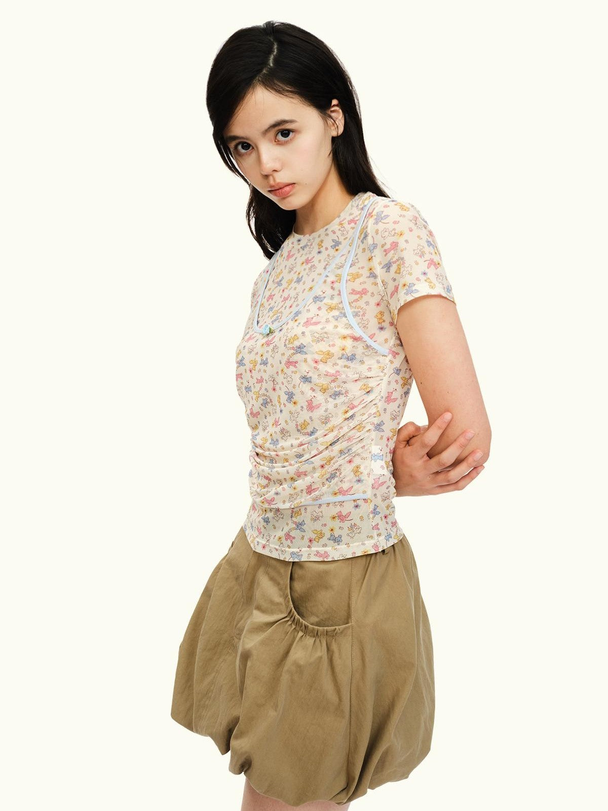 MOF Khaki Gathered Pleated Pocket A Line Mid Waist Women's Cotton Blend Skorts