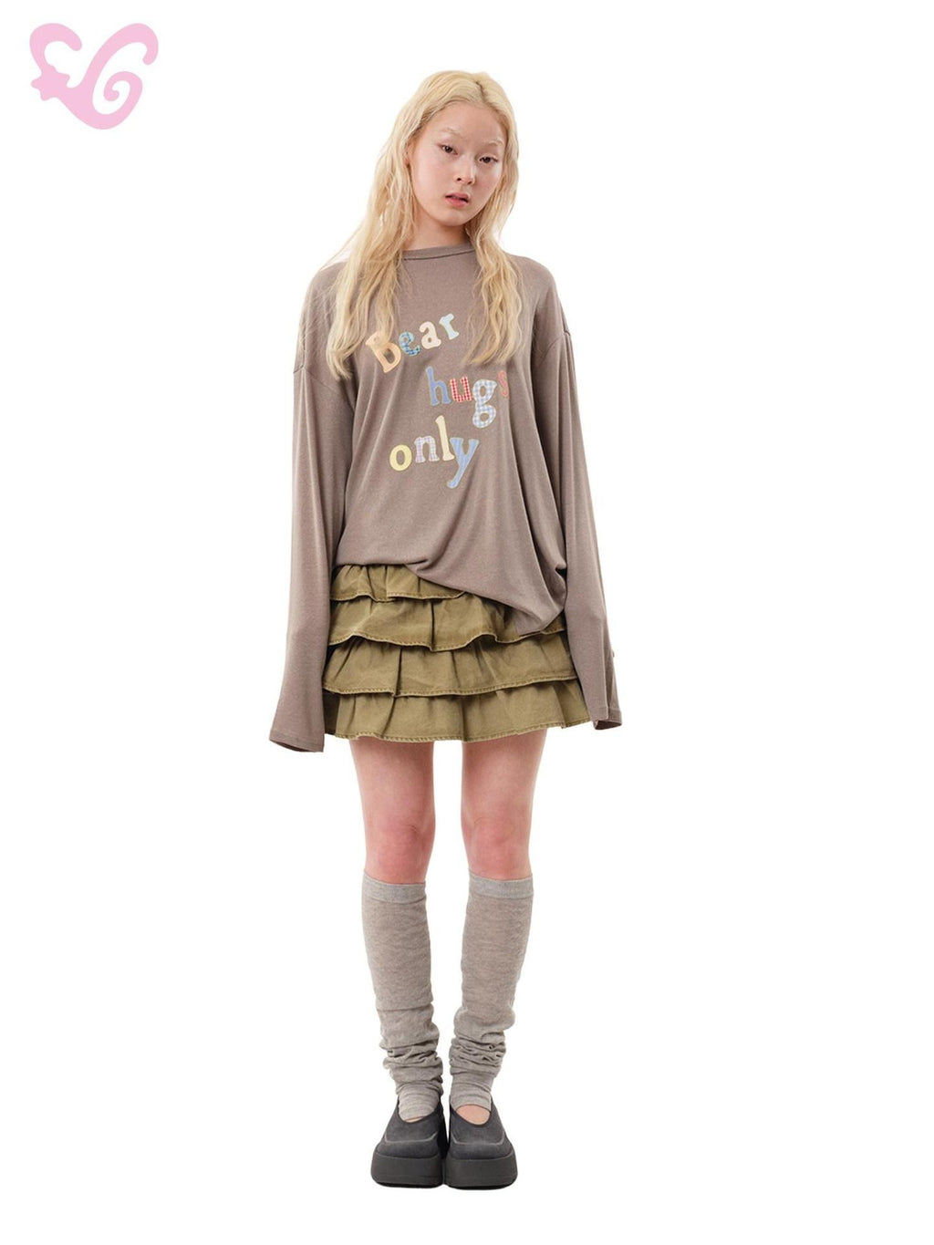 MOF Khaki Ruffle Pleated Ruched Distressed Wash Women's Other Fabric Tiered Skirts
