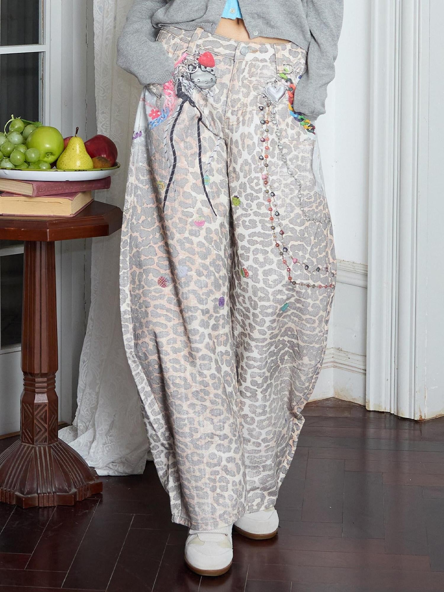 MOF Lace Trim Butterfly Bow Printed Wide Leg Women's Cotton Barrel-leg Jeans