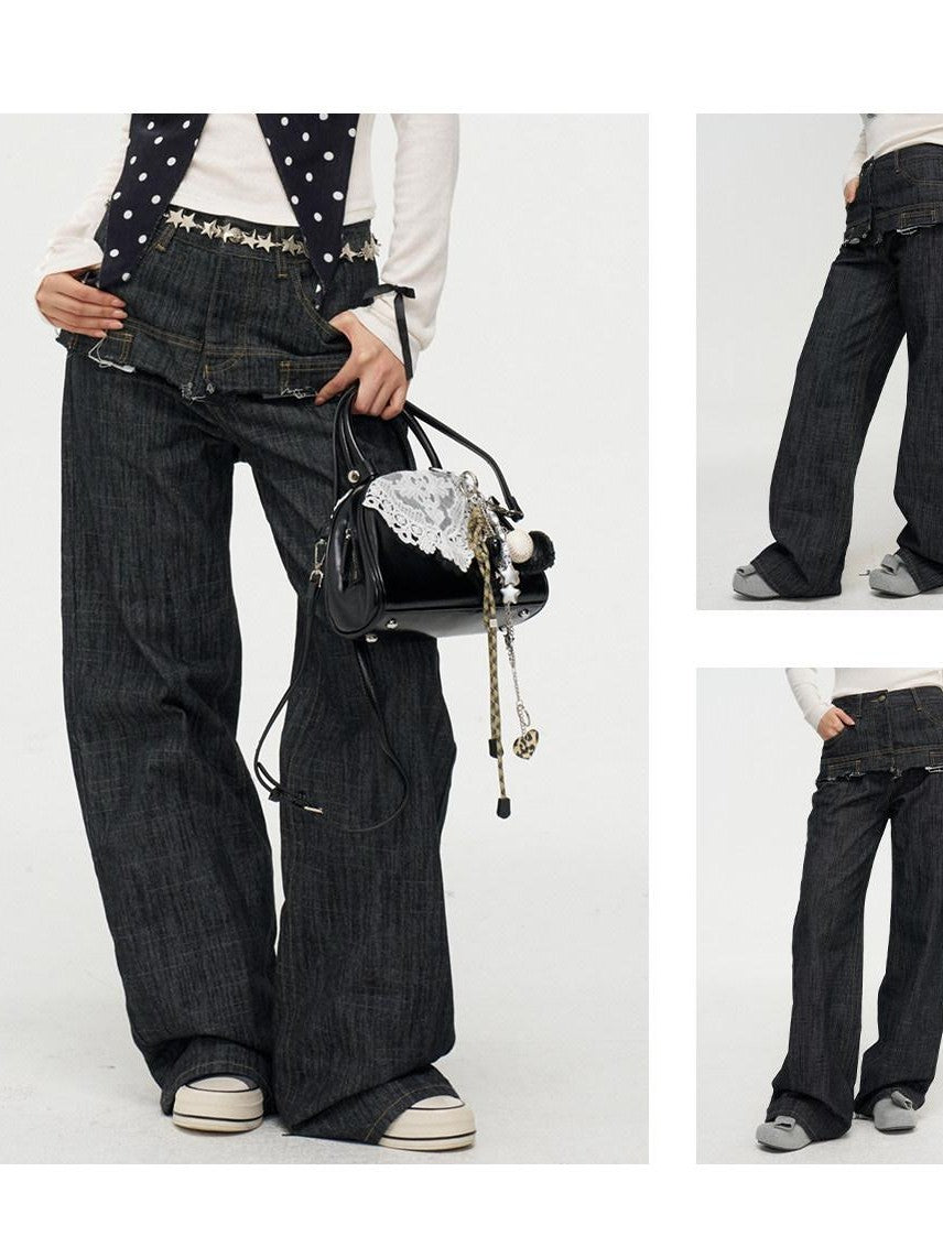 MOF Lace Trim Butterfly Bow Printed Wide Leg Women's Cotton Barrel-leg Jeans