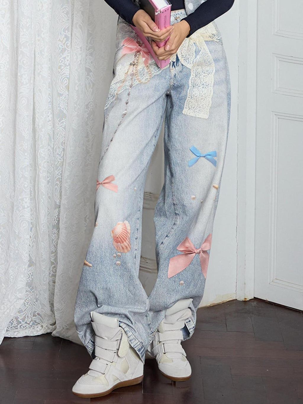 MOF Lace Trim Butterfly Bow Printed Wide Leg Women's Cotton Barrel-leg Jeans